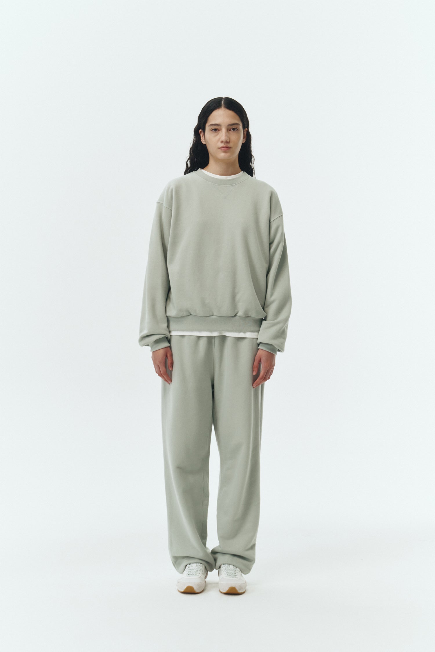 Willow Sweatshirt in pistachio, a soft cotton French terry pullover with a crew neck, V-stitch detail, ribbed trims, and a relaxed fit, designed for everyday comfort