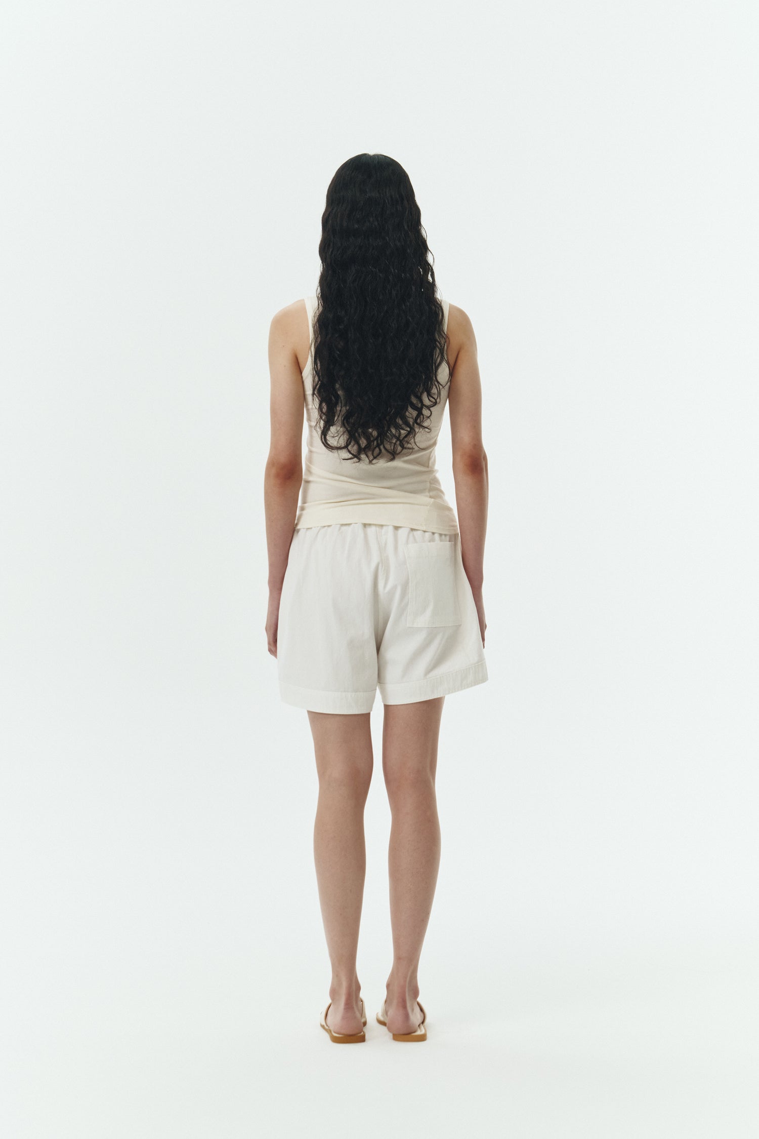 River Shorts in washed white, lightweight cotton pull-on shorts with an elastic waistband, inner drawstring, side and back pockets, regular fit for everyday comfort