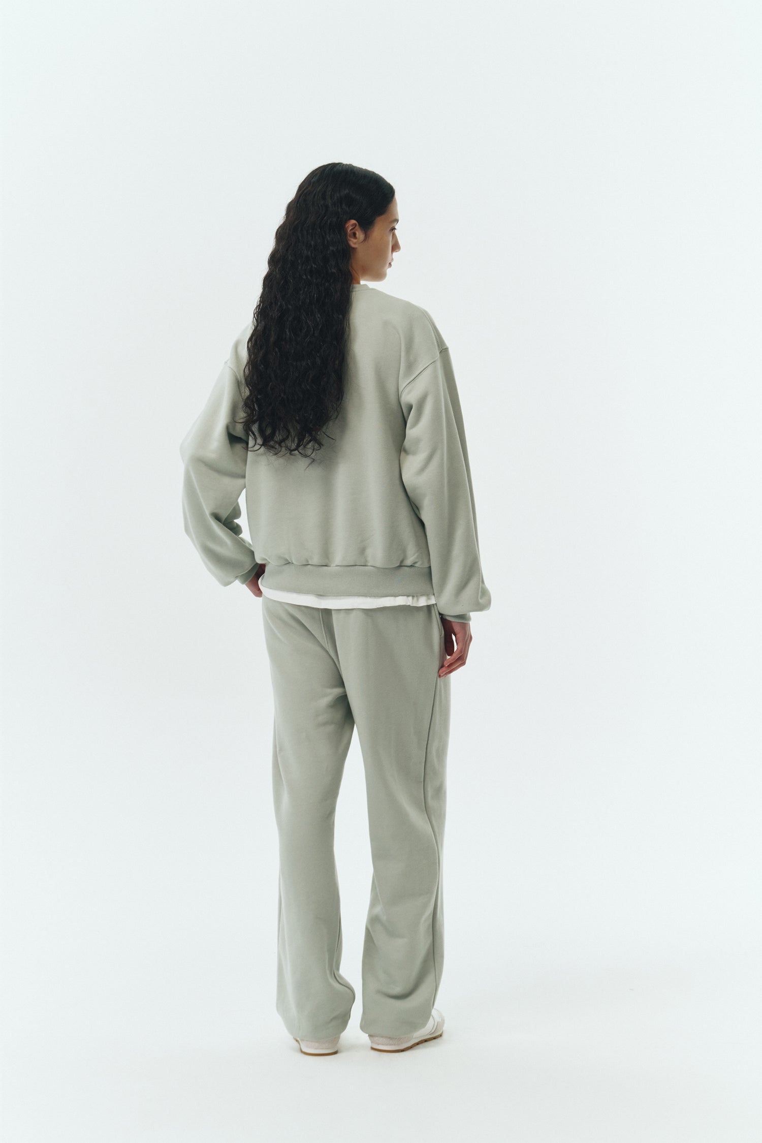 Willow Sweatpants in pistachio, soft French terry cotton with drawstring waistband, side pockets, and elastic cuffs, regular fit, part of a set