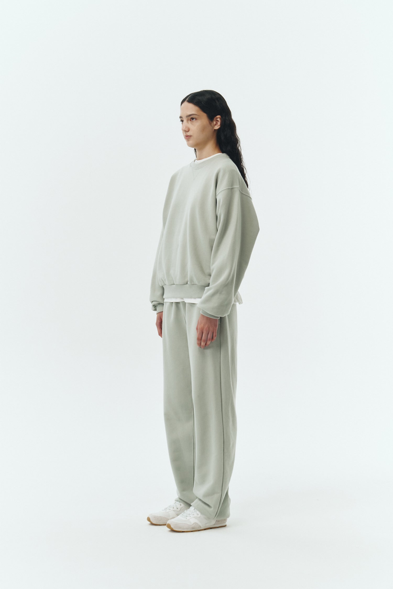 Willow Sweatshirt in pistachio, a soft cotton French terry pullover with a crew neck, V-stitch detail, ribbed trims, and a relaxed fit, designed for everyday comfort