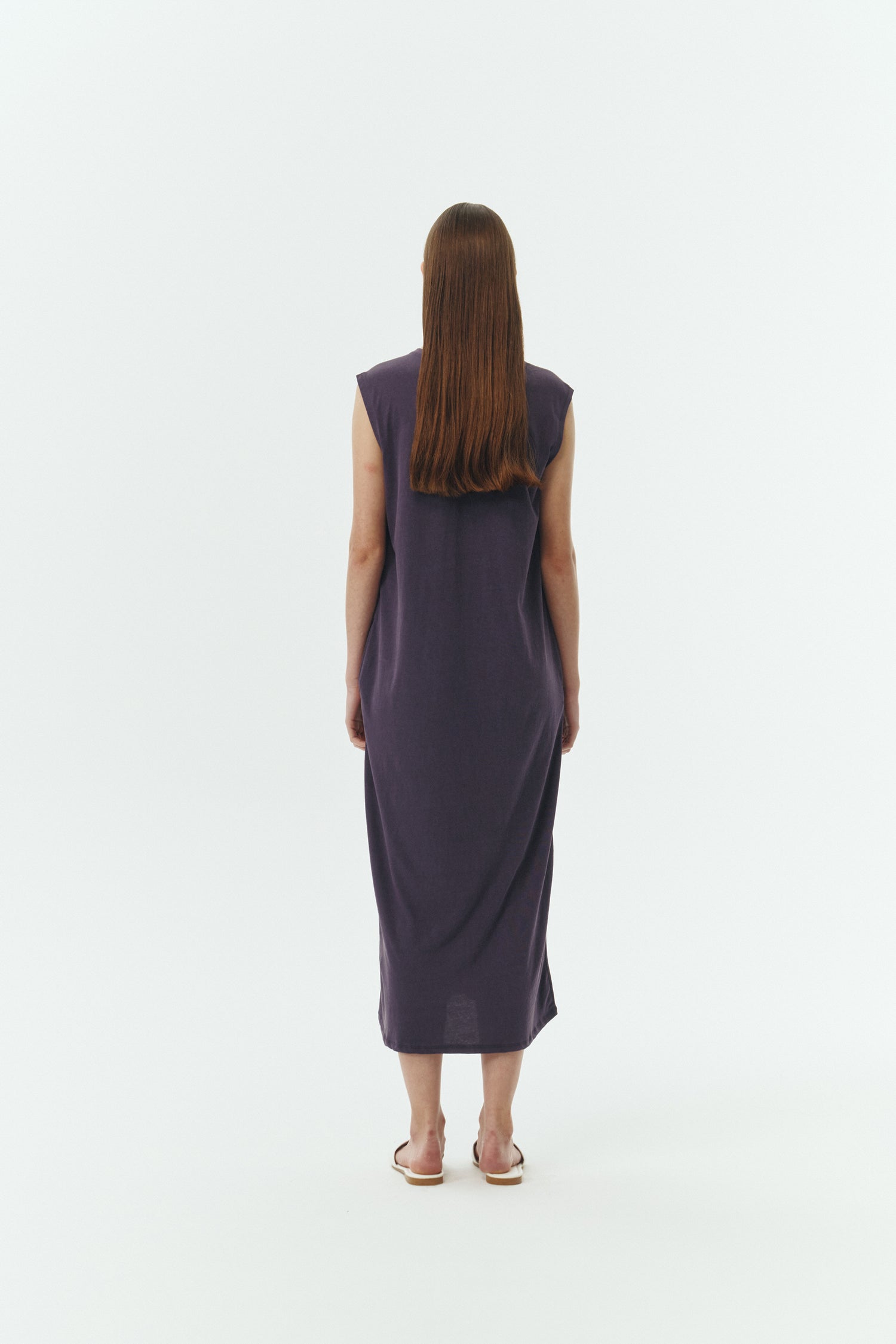 Jade Dress in purple, a sleeveless knit cotton midi dress with side pockets, designed for breathable summer comfort