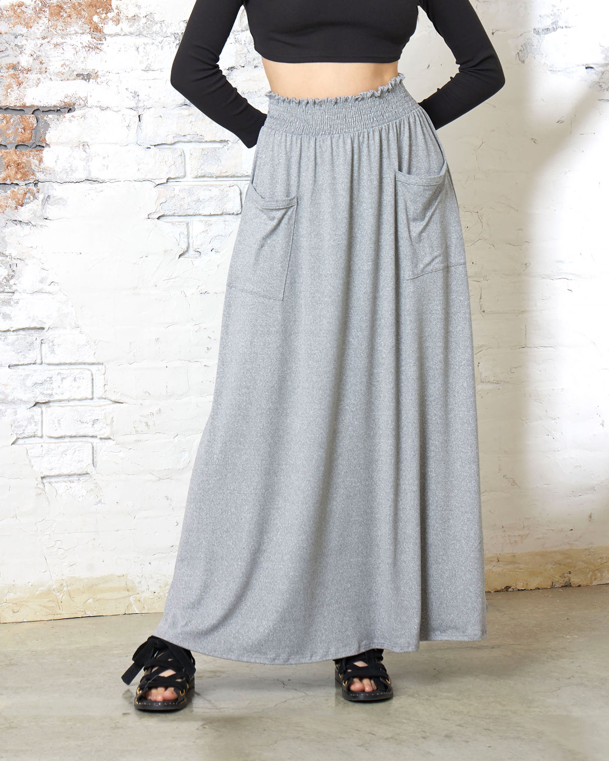 Heather Grey Maxi Skirt - Smocked Waist & Patched Pockets