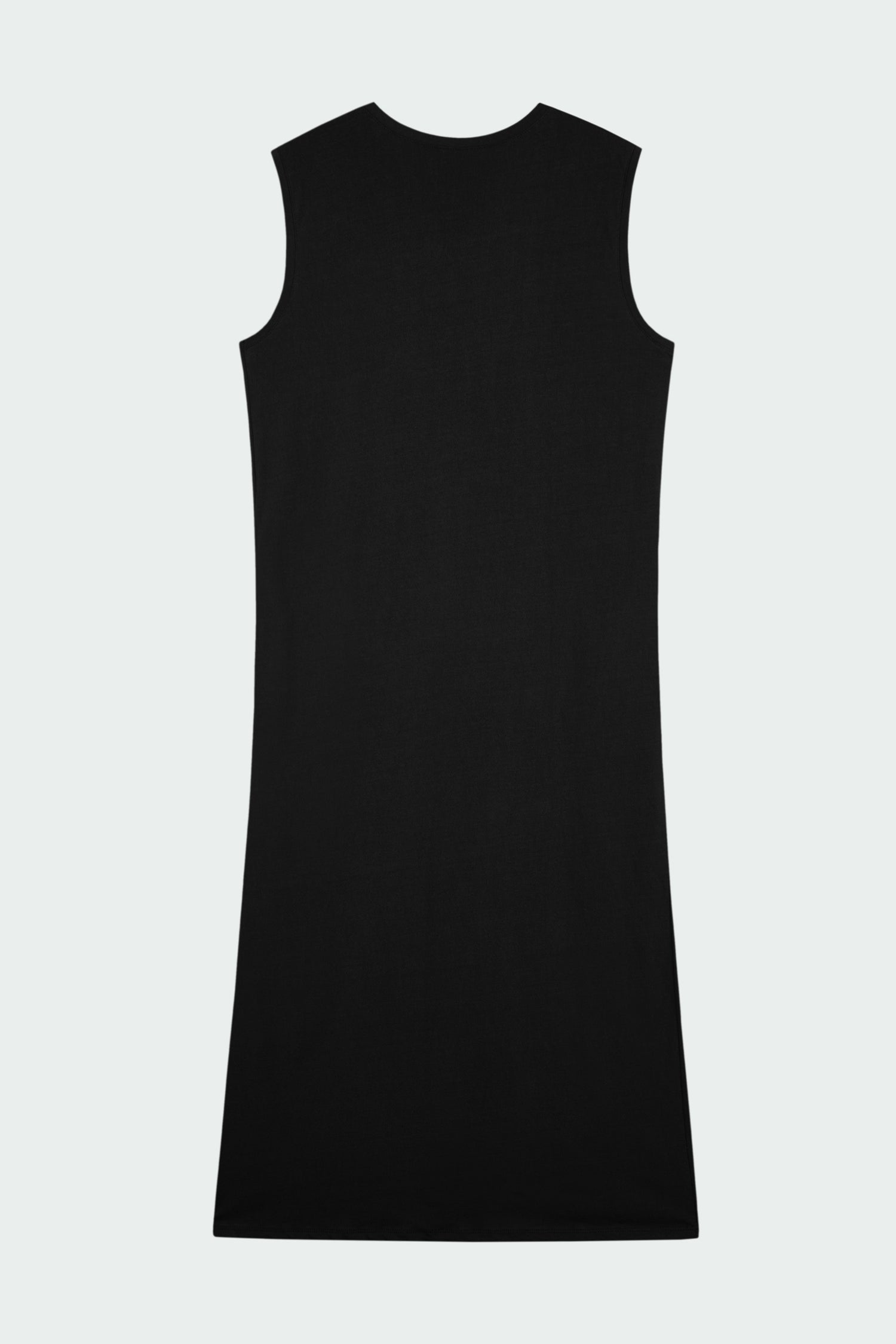 Jade Dress in black, a sleeveless knit cotton midi dress with side pockets, designed for breathable summer comfort