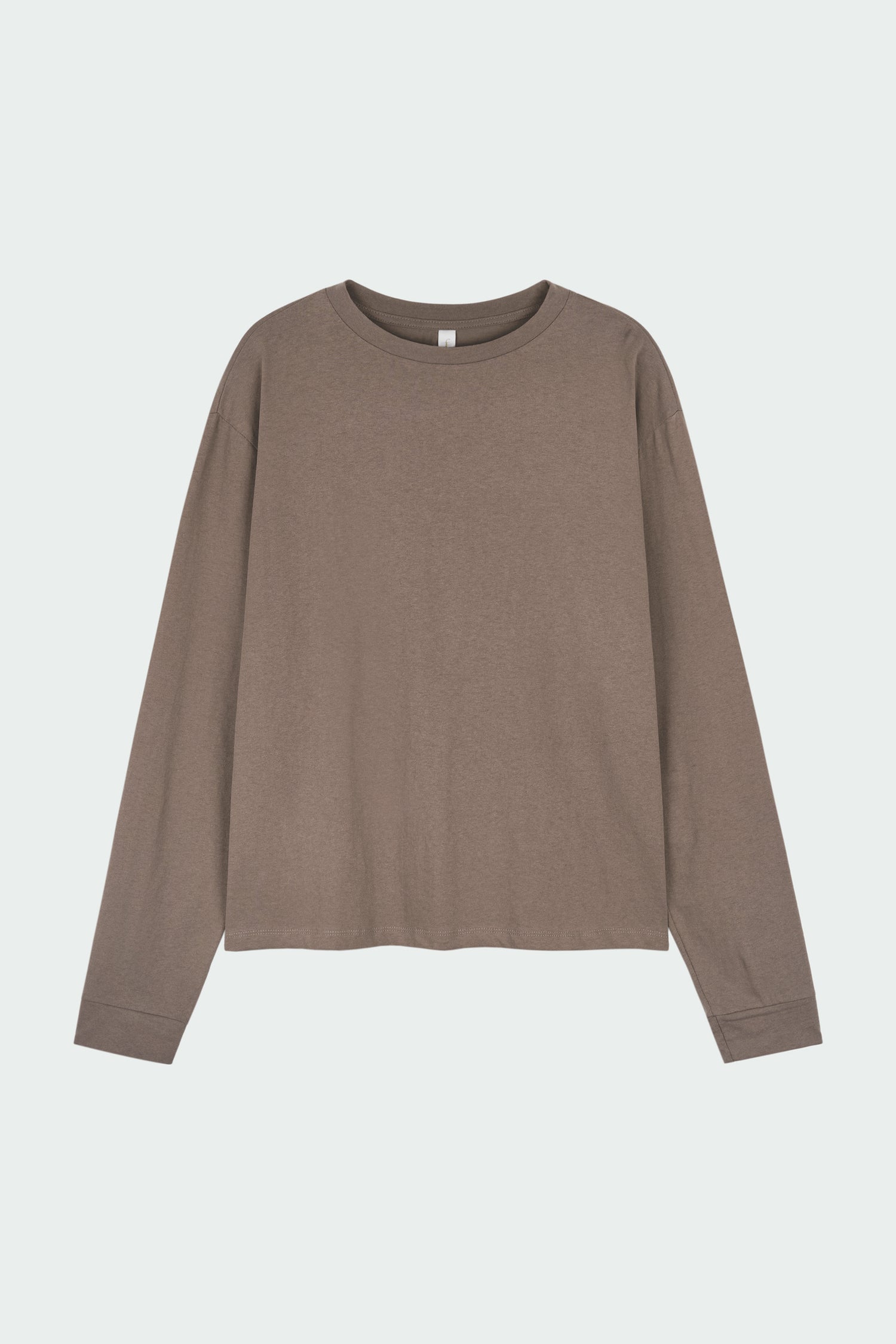 Lara Long-Sleeved T-Shirt in brown, a lightweight cotton crew-neck tee with long sleeves and relaxed fit, ideal for everyday wear and seasonal layering