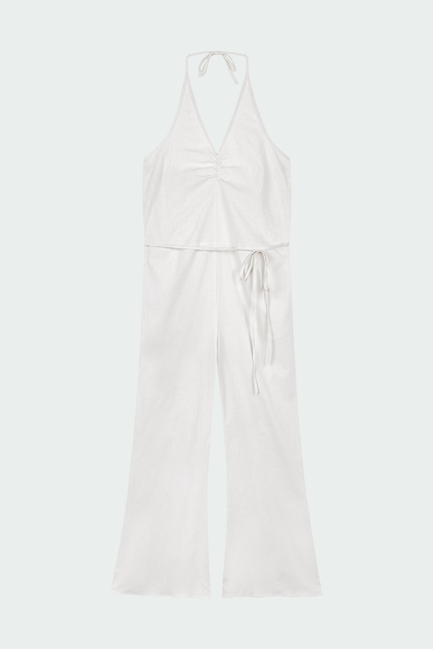 Daisy Jumpsuit in stripe, sleeveless linen blend jumpsuit with adjustable halterneck, open back, straight-leg silhouette, and relaxed fit.