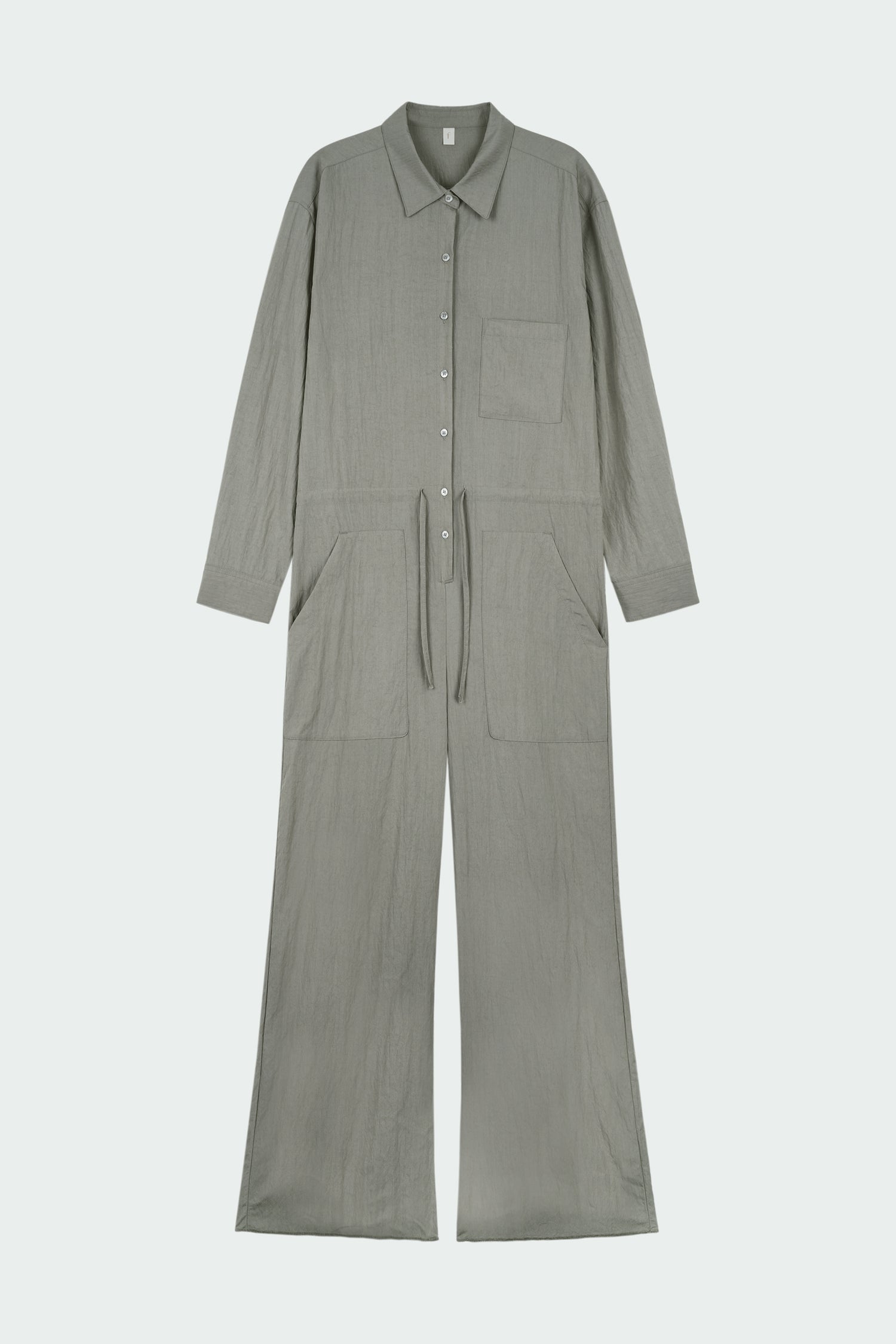 Saige Jumpsuit in khaki gray, long-sleeve rayon blend jumpsuit with point collar, front button closure, drawstring waist, and patch pockets.