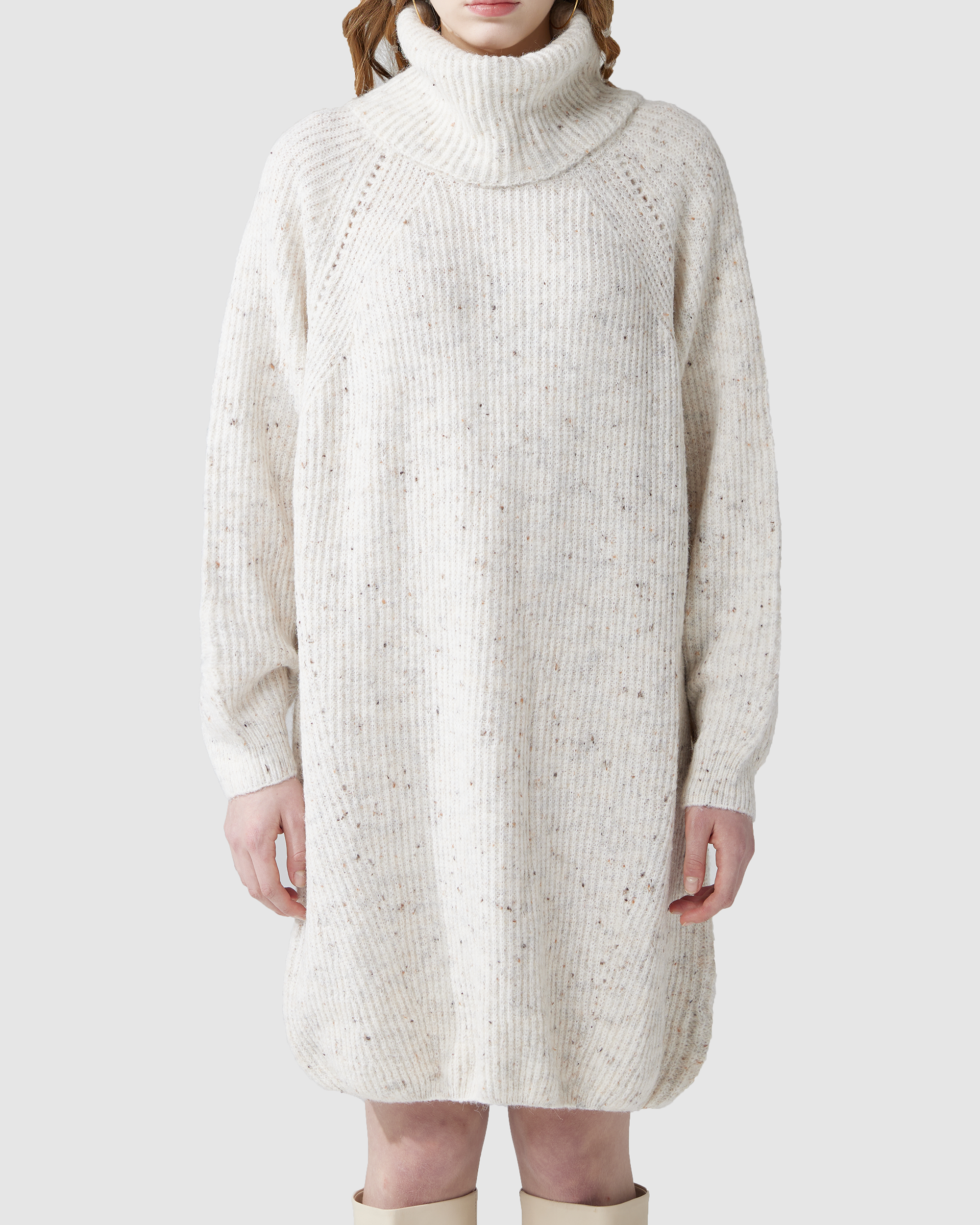 Turtleneck Balloon Sleeve Sweater Dress - Ivory/Cream
