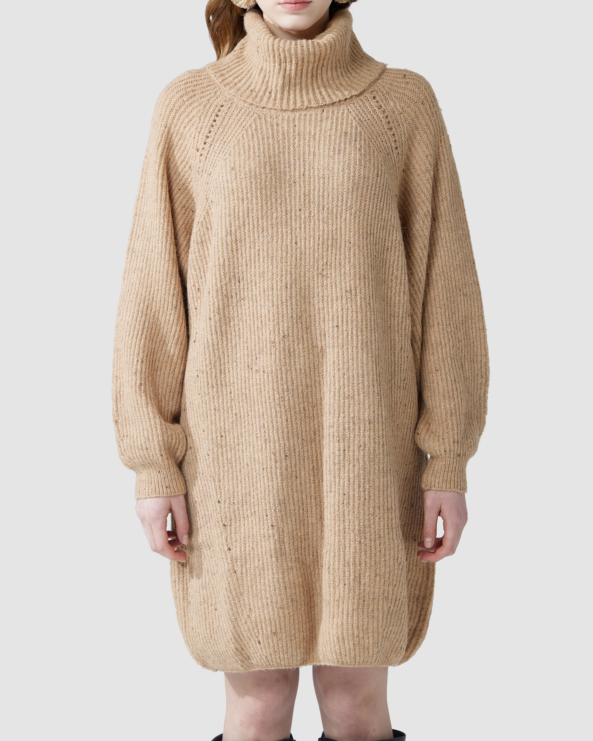 Turtleneck Balloon Sleeve Sweater Dress - Taupe/Brown