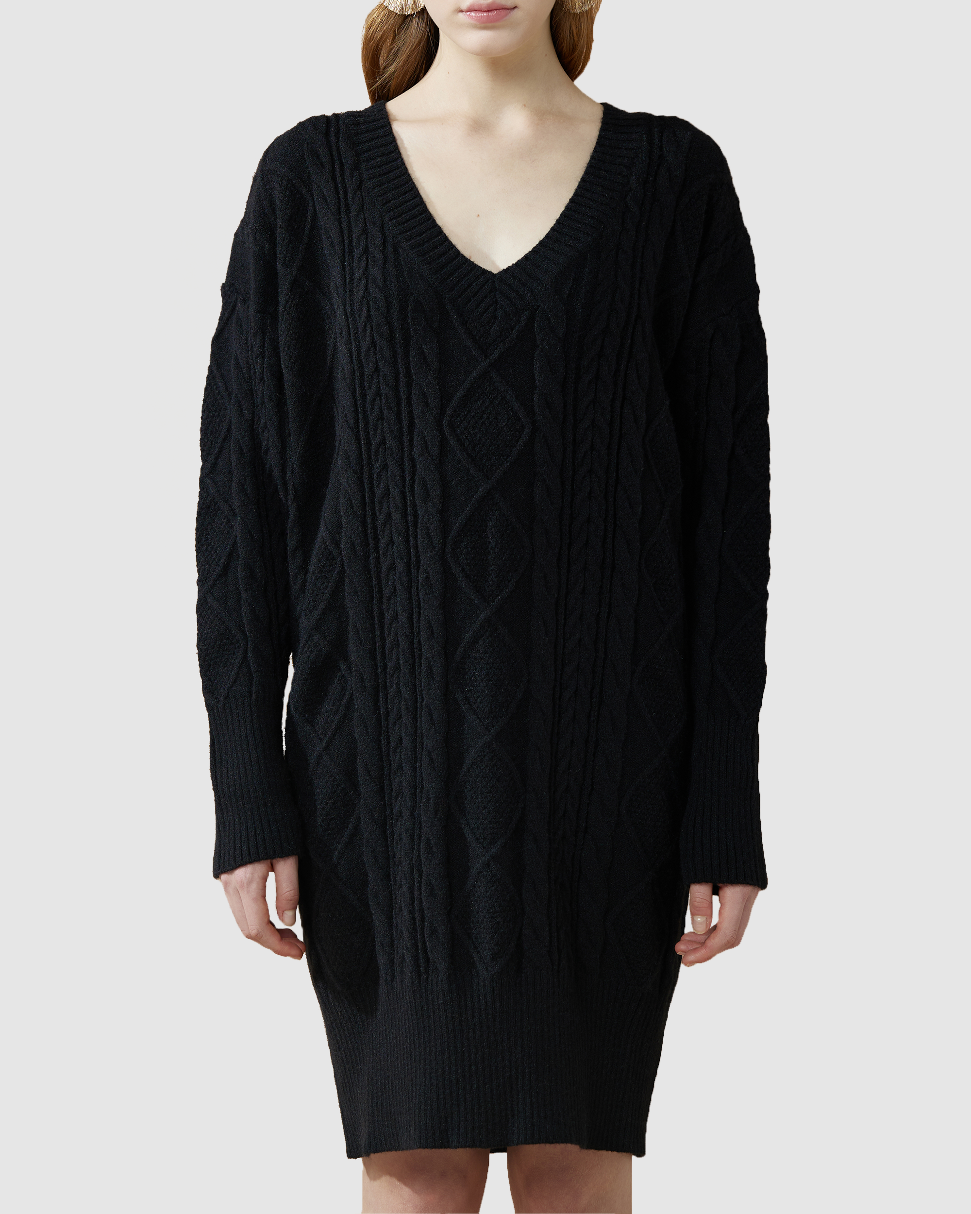 V-Neck Cable Knit Sweater Dress - Black