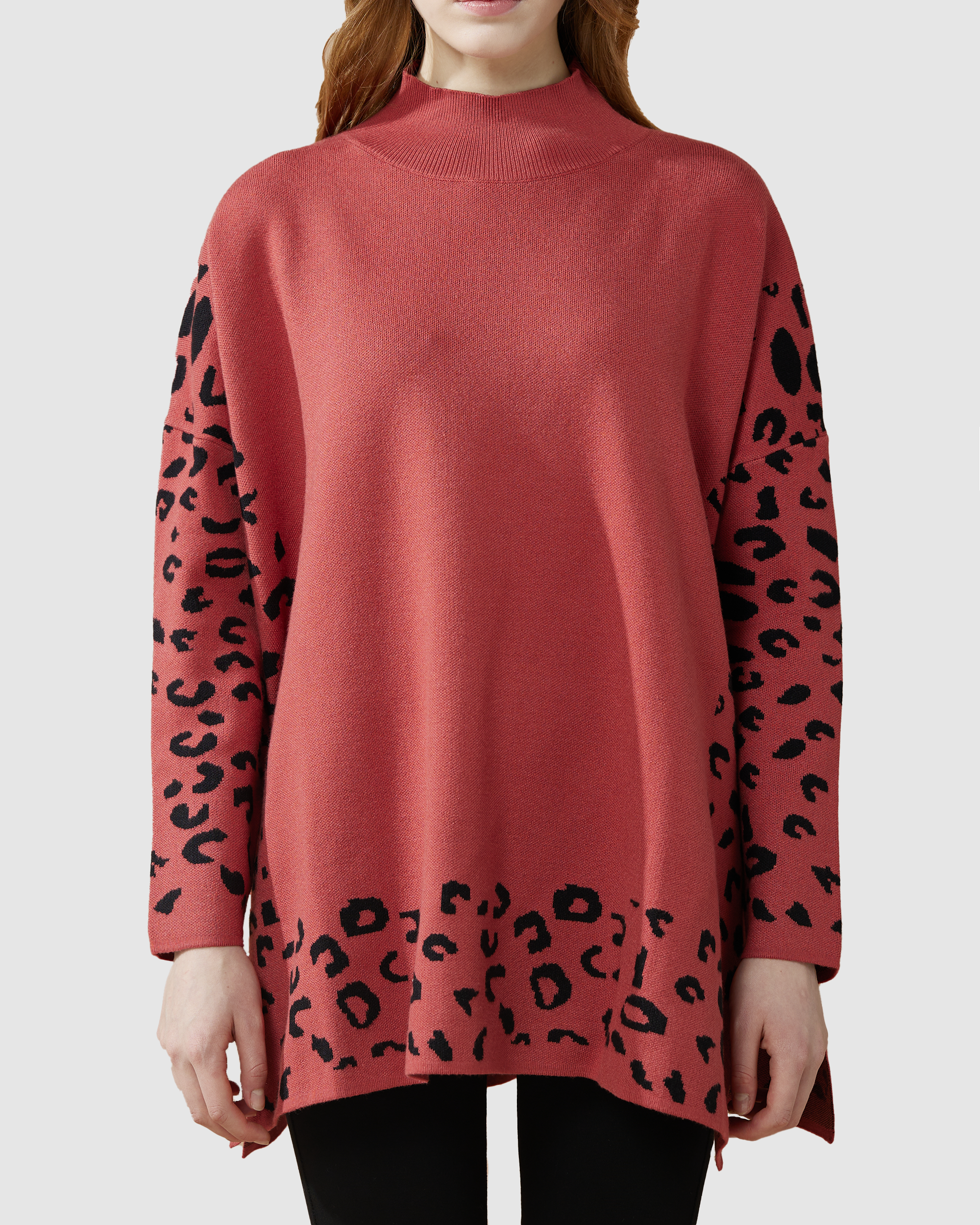 Mock Neck Leopard Print Sweater - Marsala/Black