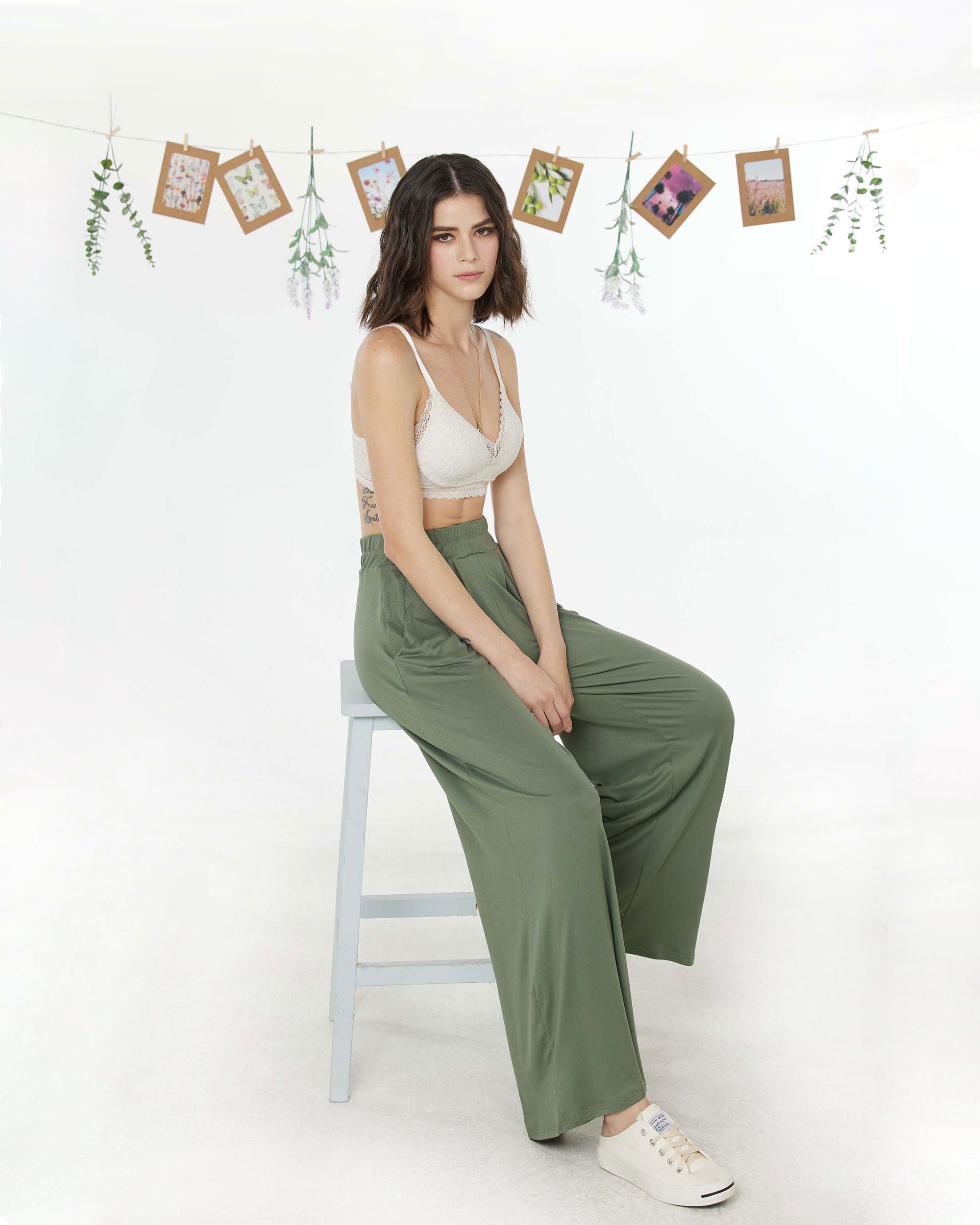 Olive High Waisted Knit Wide Leg Pants for You
