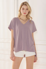 V-Neck Short Sleeve Ribbed Knit Top