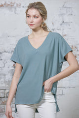 V-Neck Short Sleeve Ribbed Knit Top