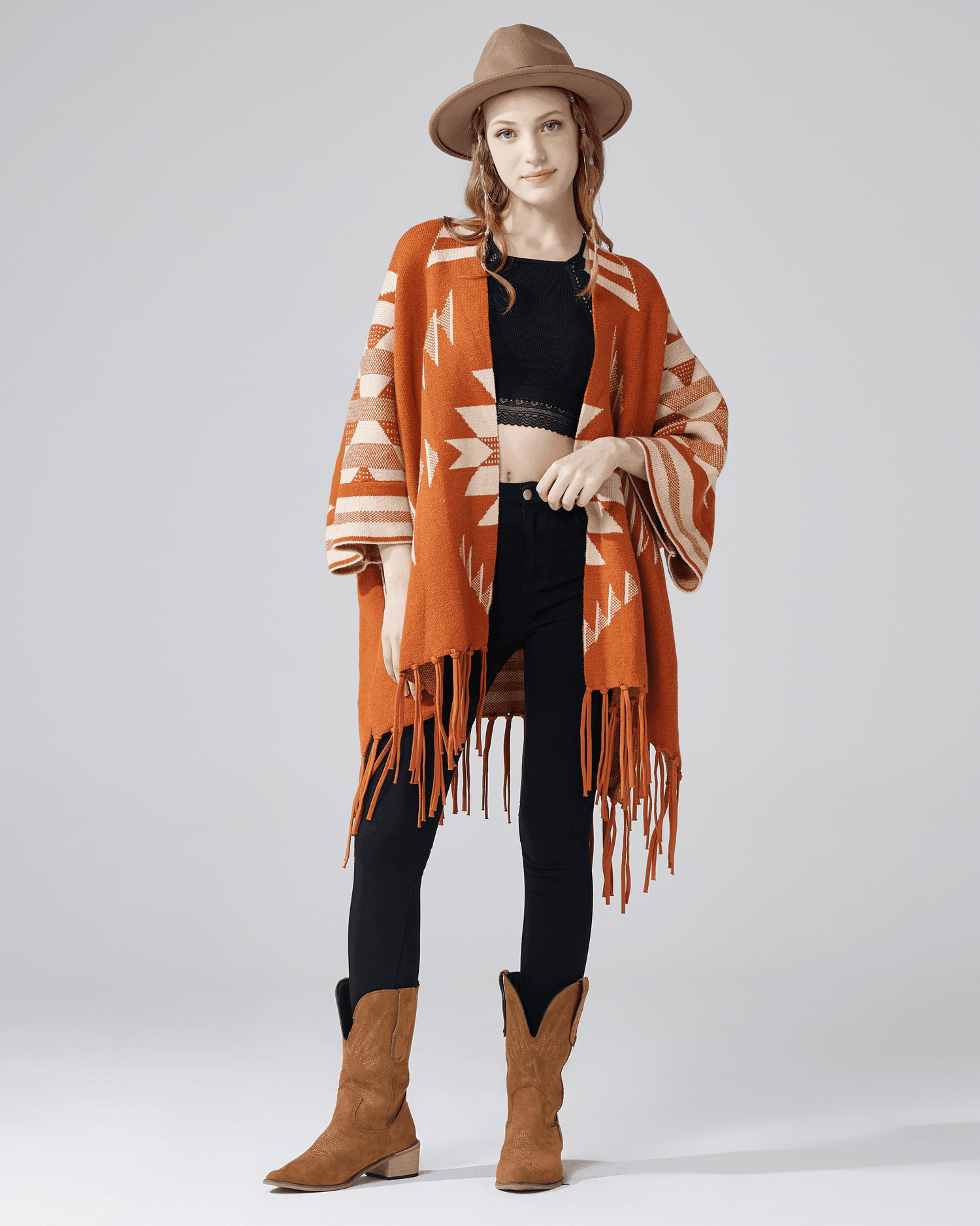 Aztec Fringed Ruana Poncho Sweater Cardigan - Bronze - noflik