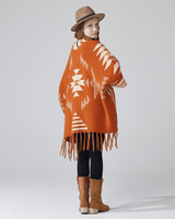 Aztec Fringed Ruana Poncho Sweater Cardigan - Bronze - noflik