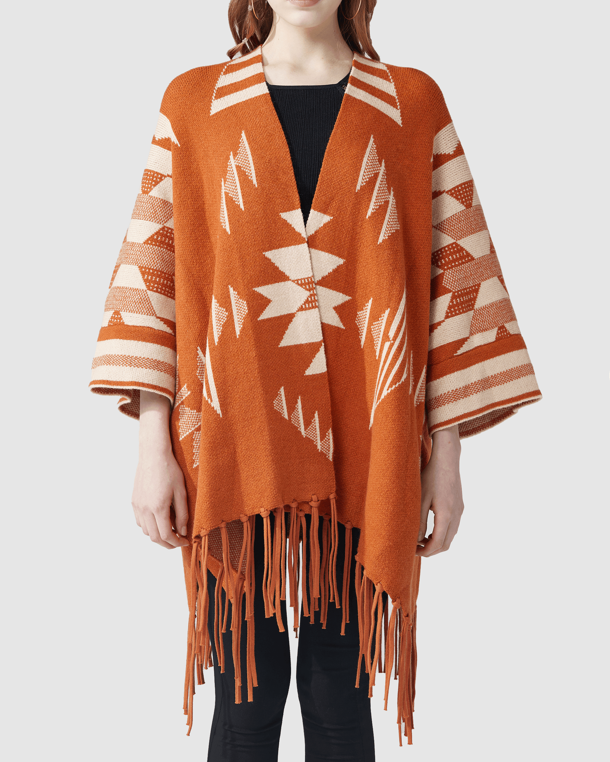 Aztec Fringed Ruana Poncho Sweater Cardigan - Bronze