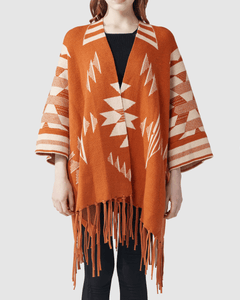 Aztec Fringed Ruana Poncho Sweater Cardigan - Bronze - noflik