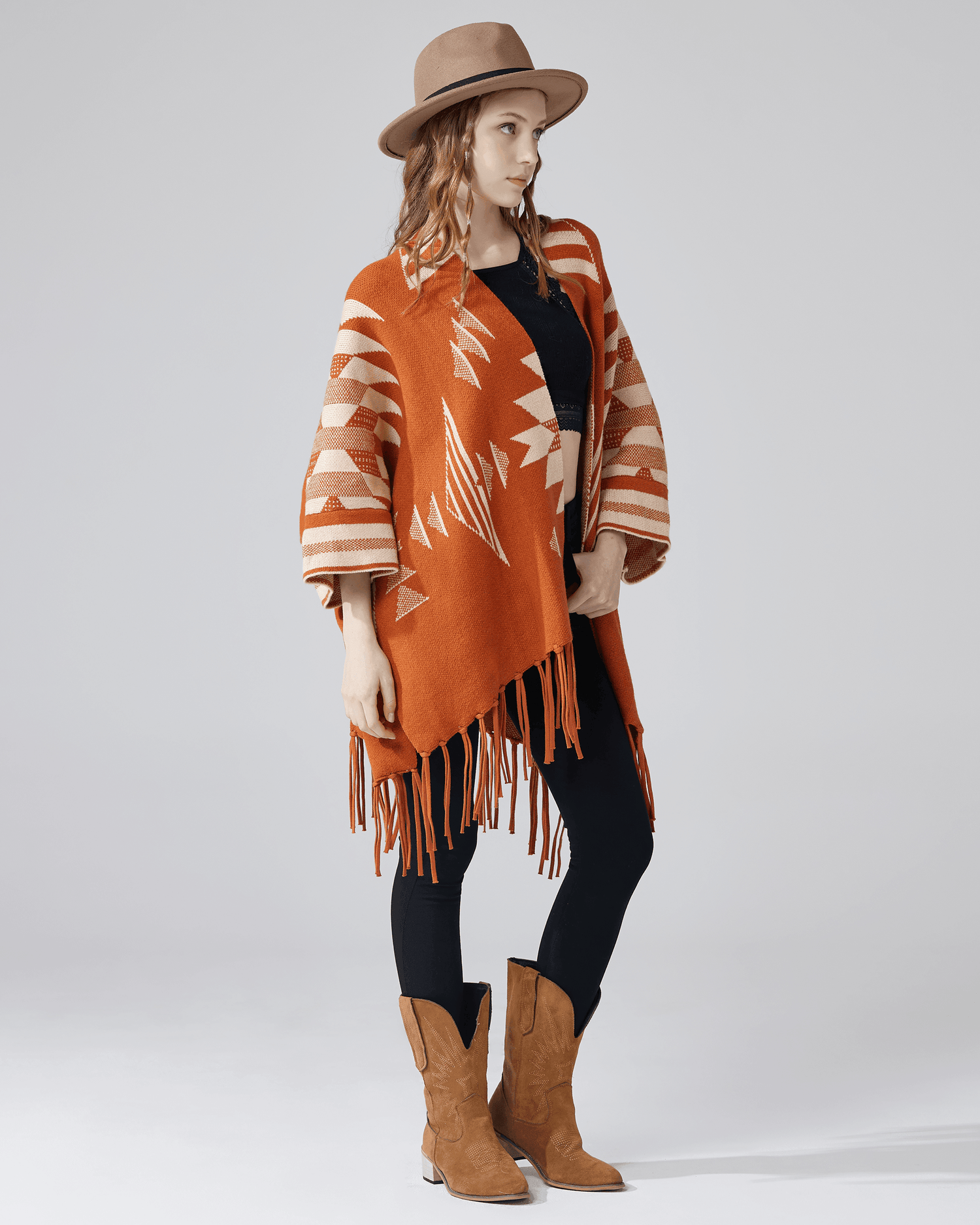 Aztec Fringed Ruana Poncho Sweater Cardigan - Bronze - noflik