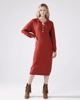 Button-Front Midi Sweater Dress - Brick - noflik