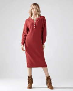 Button-Front Midi Sweater Dress - Brick - noflik