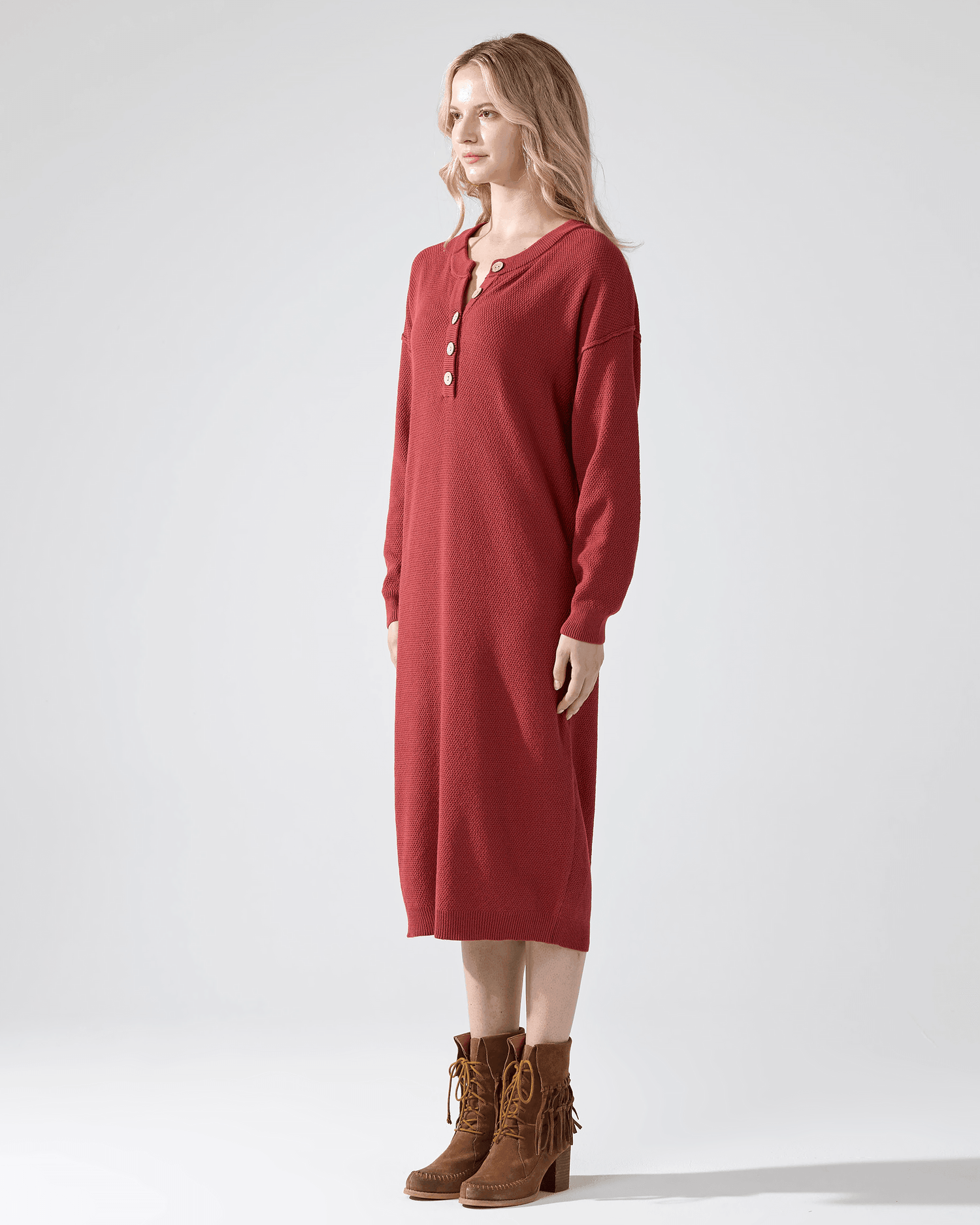 Button-Front Midi Sweater Dress - Brick - noflik