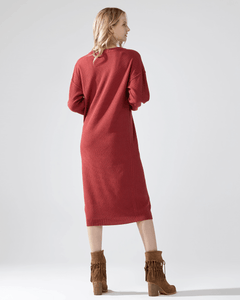 Button-Front Midi Sweater Dress - Brick - noflik