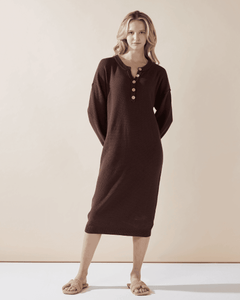 Button-Front Midi Sweater Dress - Chocolate - noflik