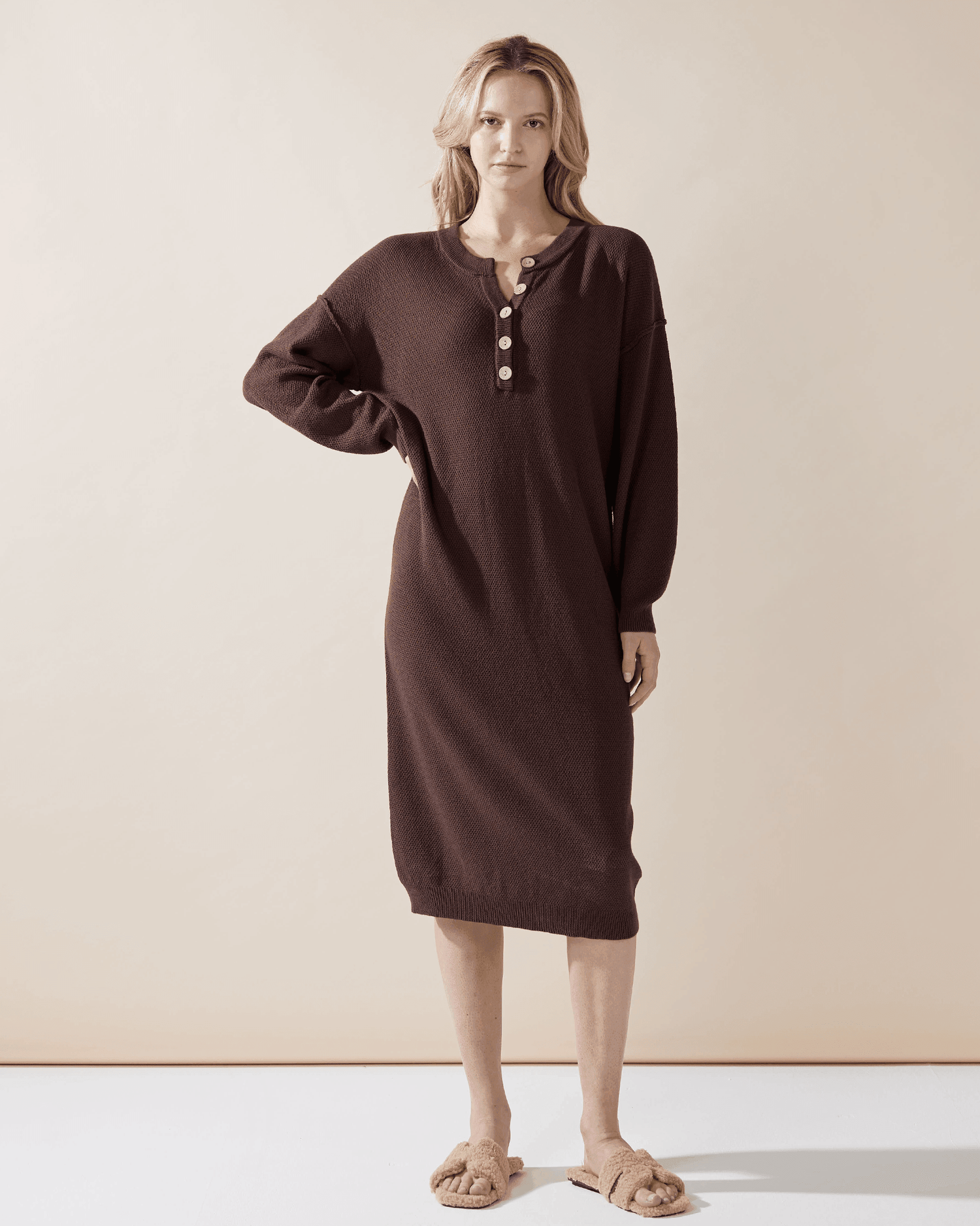 Button-Front Midi Sweater Dress - Chocolate - noflik