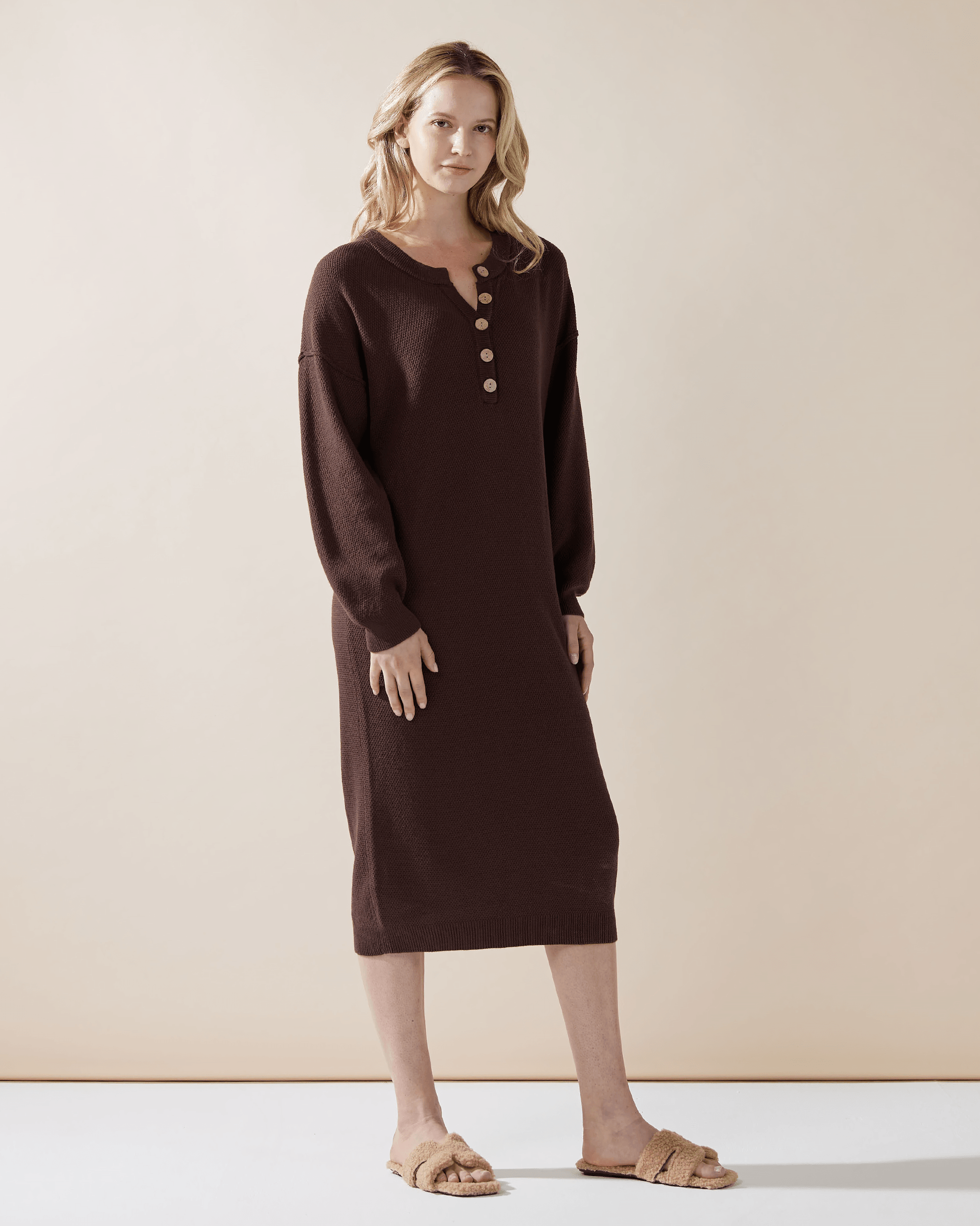 Chocolate Midi Sweater Dress with Buttons