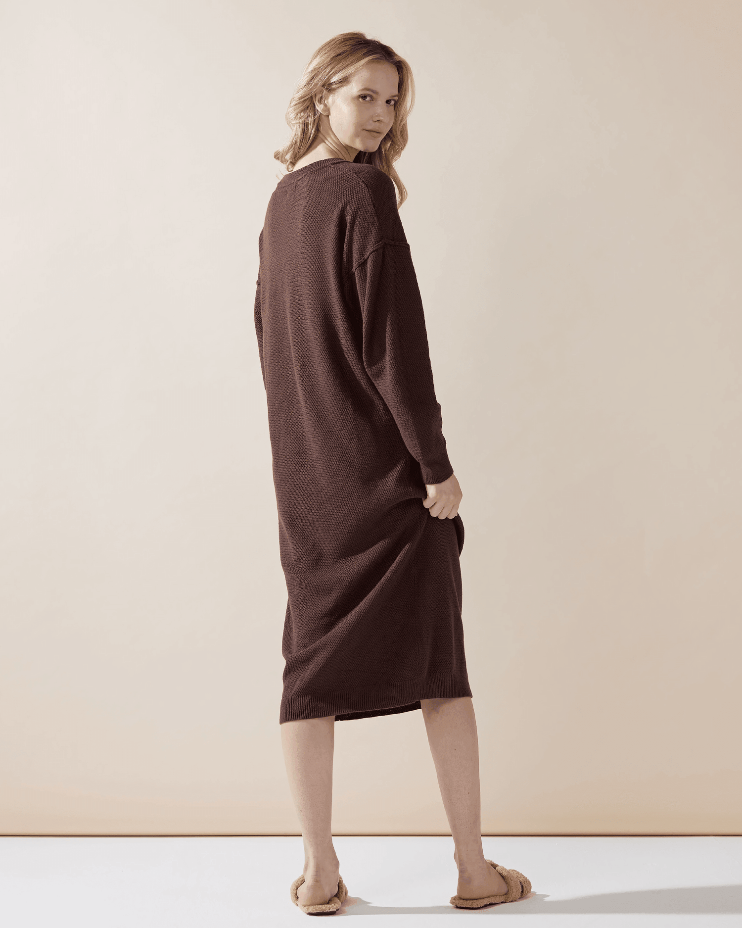 Button-Front Midi Sweater Dress - Chocolate - noflik