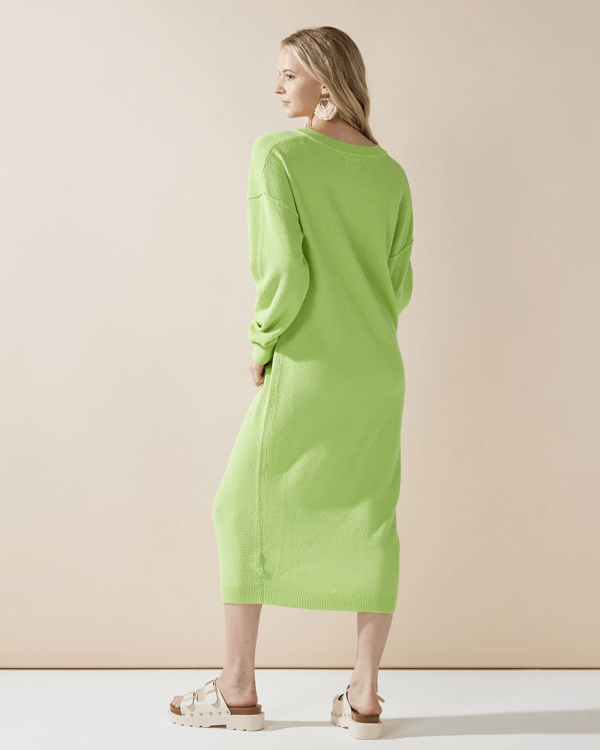 Button-Front Midi Sweater Dress - Lime - noflik