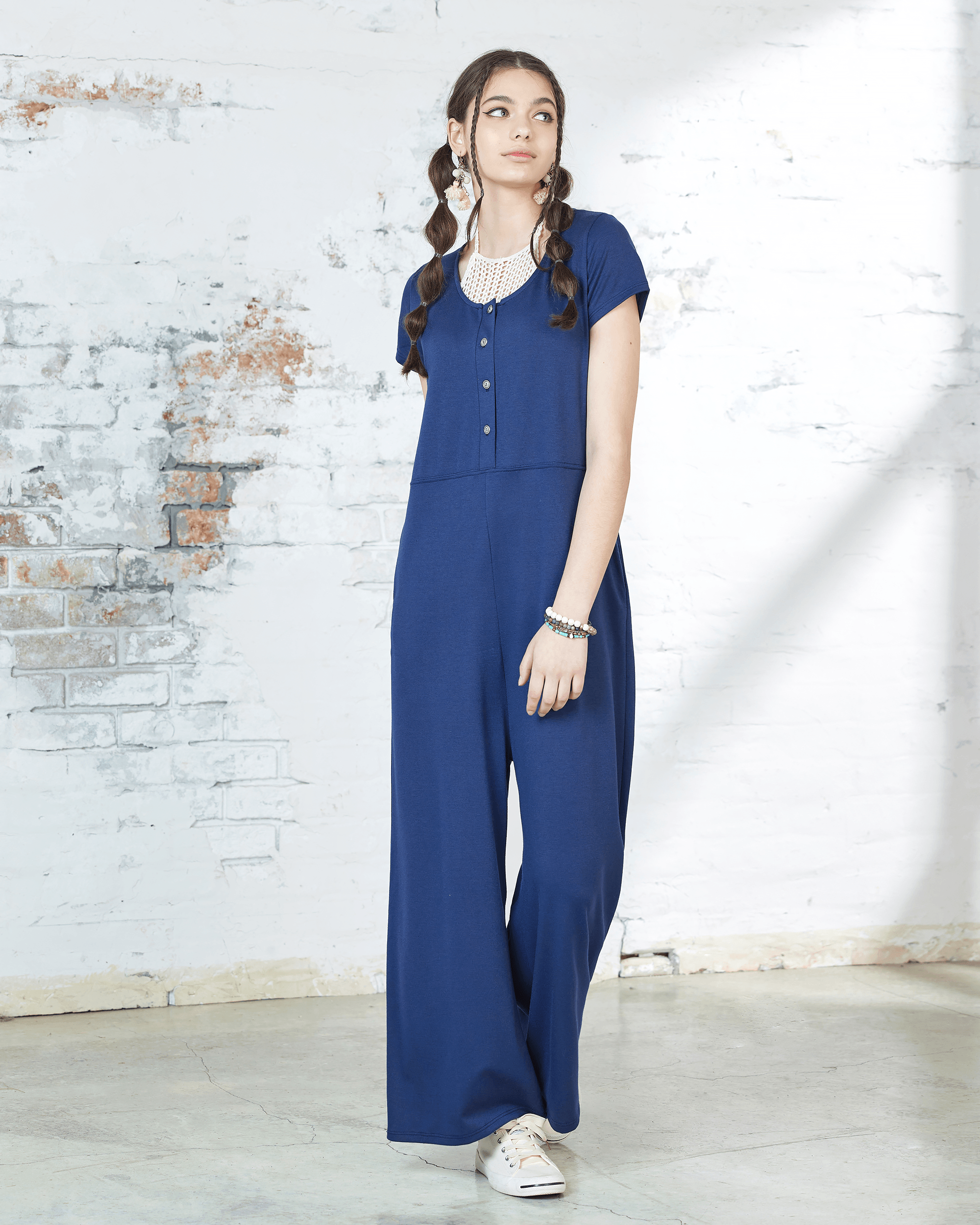 French Navy Jumpsuit: Chic Button-Up Design
