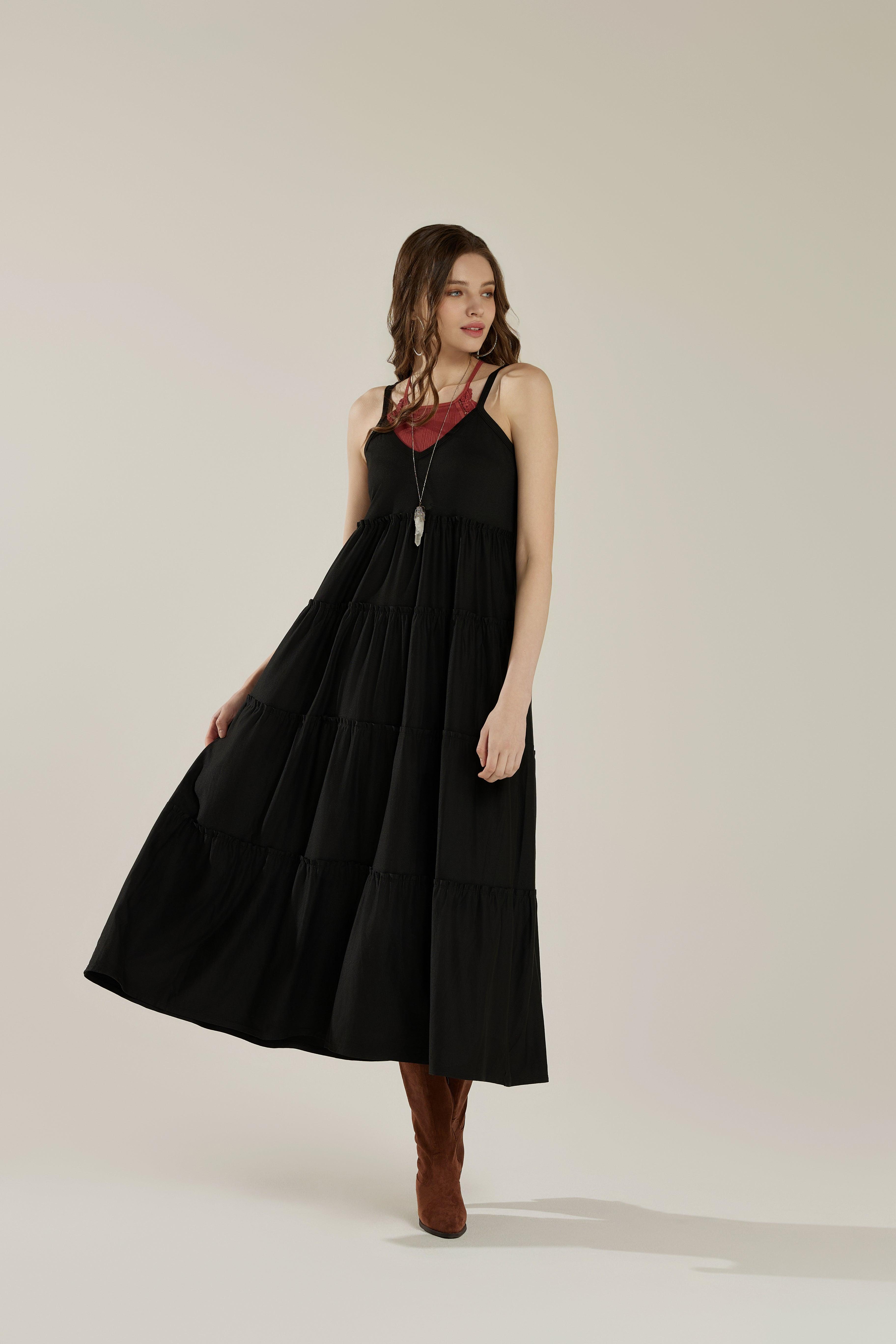 Comfortable and Flowy Knit V-neckline Ruffle Tiers Knit Maxi Dress - Black - noflik