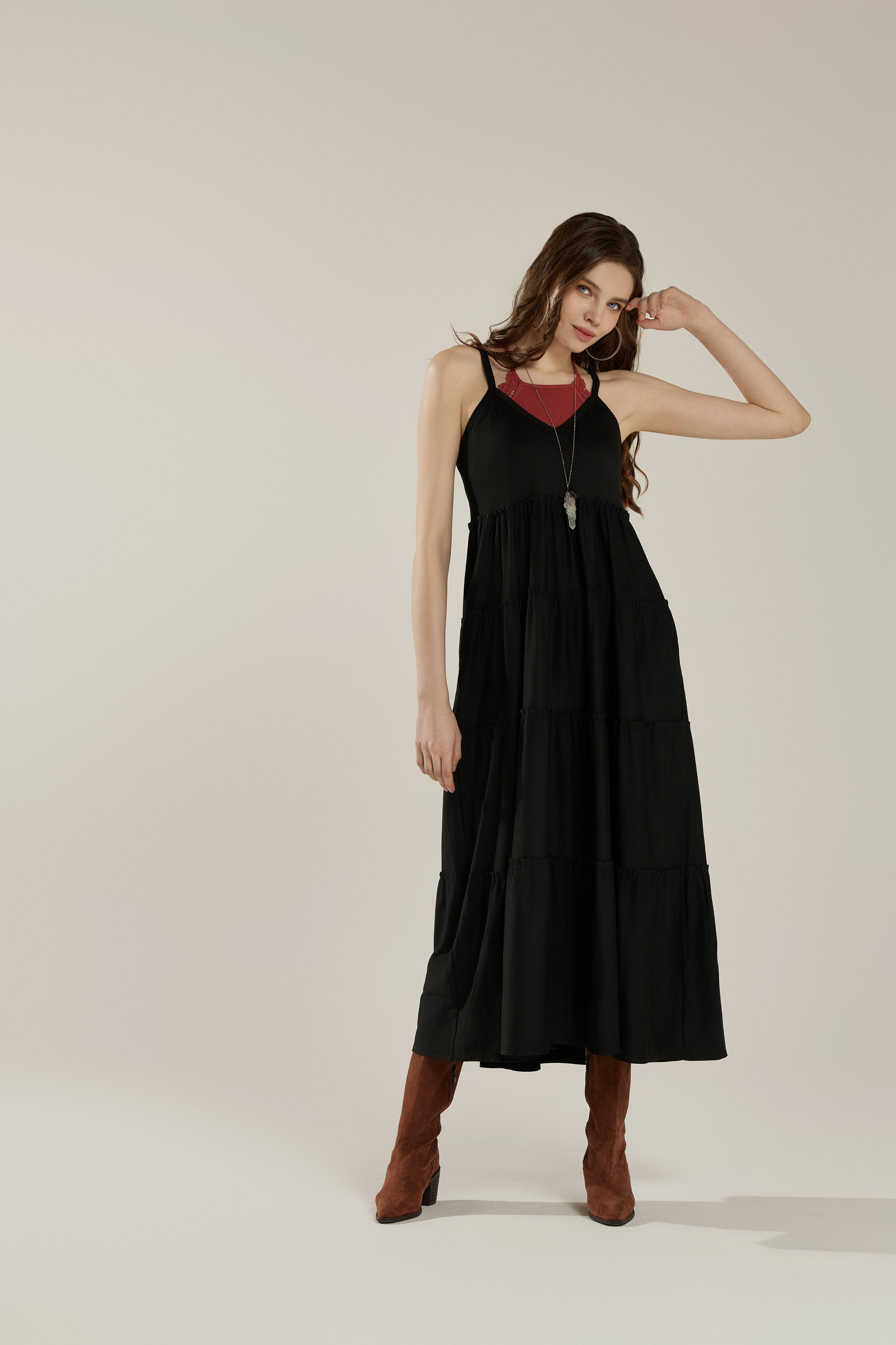 Comfortable and Flowy Knit V-neckline Ruffle Tiers Knit Maxi Dress - Black - noflik