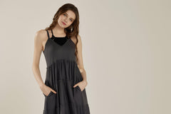 Comfortable and Flowy Knit V-neckline Ruffle Tiers Knit Maxi Dress - Charcoal - noflik