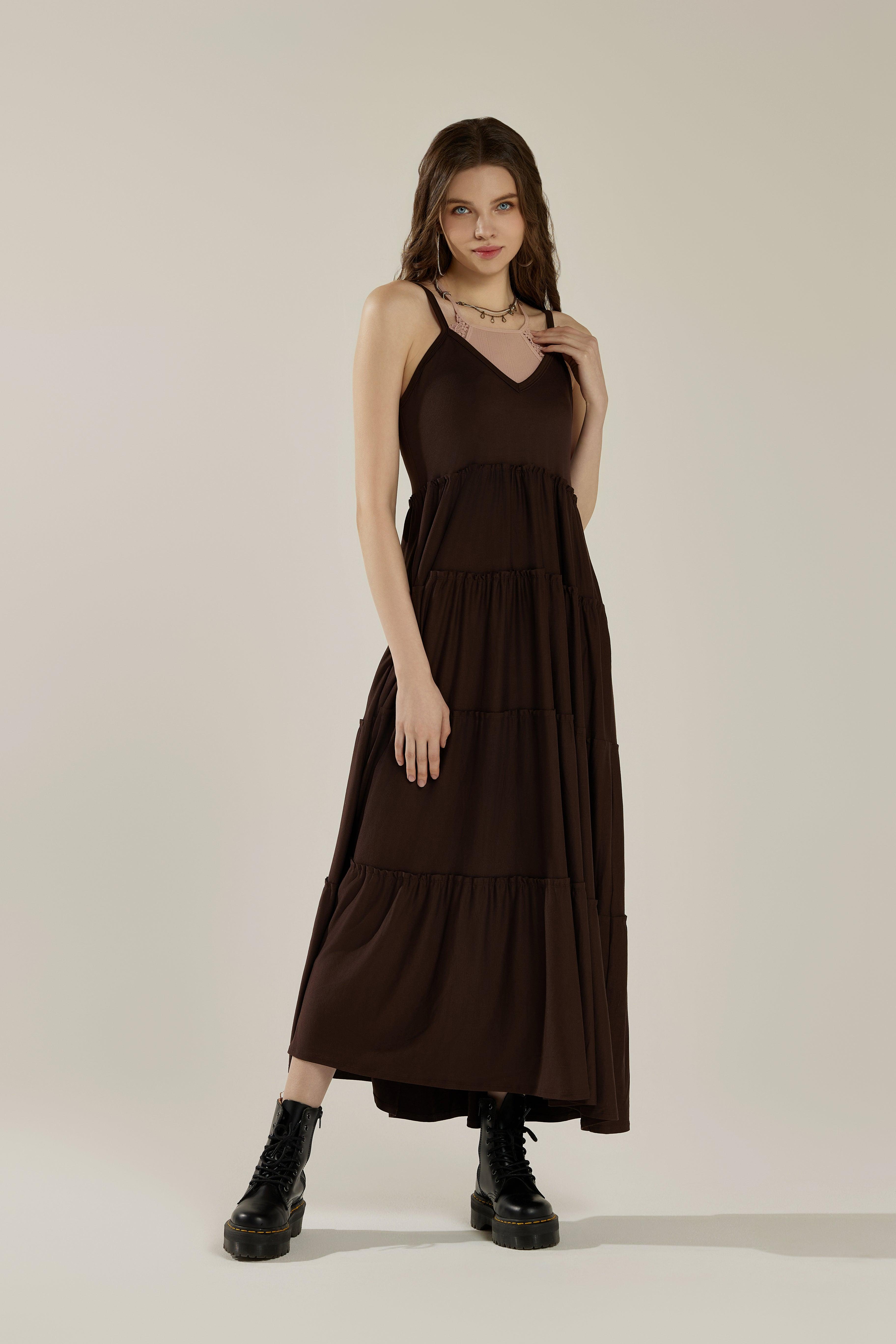 Comfortable and Flowy Knit V-neckline Ruffle Tiers Knit Maxi Dress - Chocolate - noflik