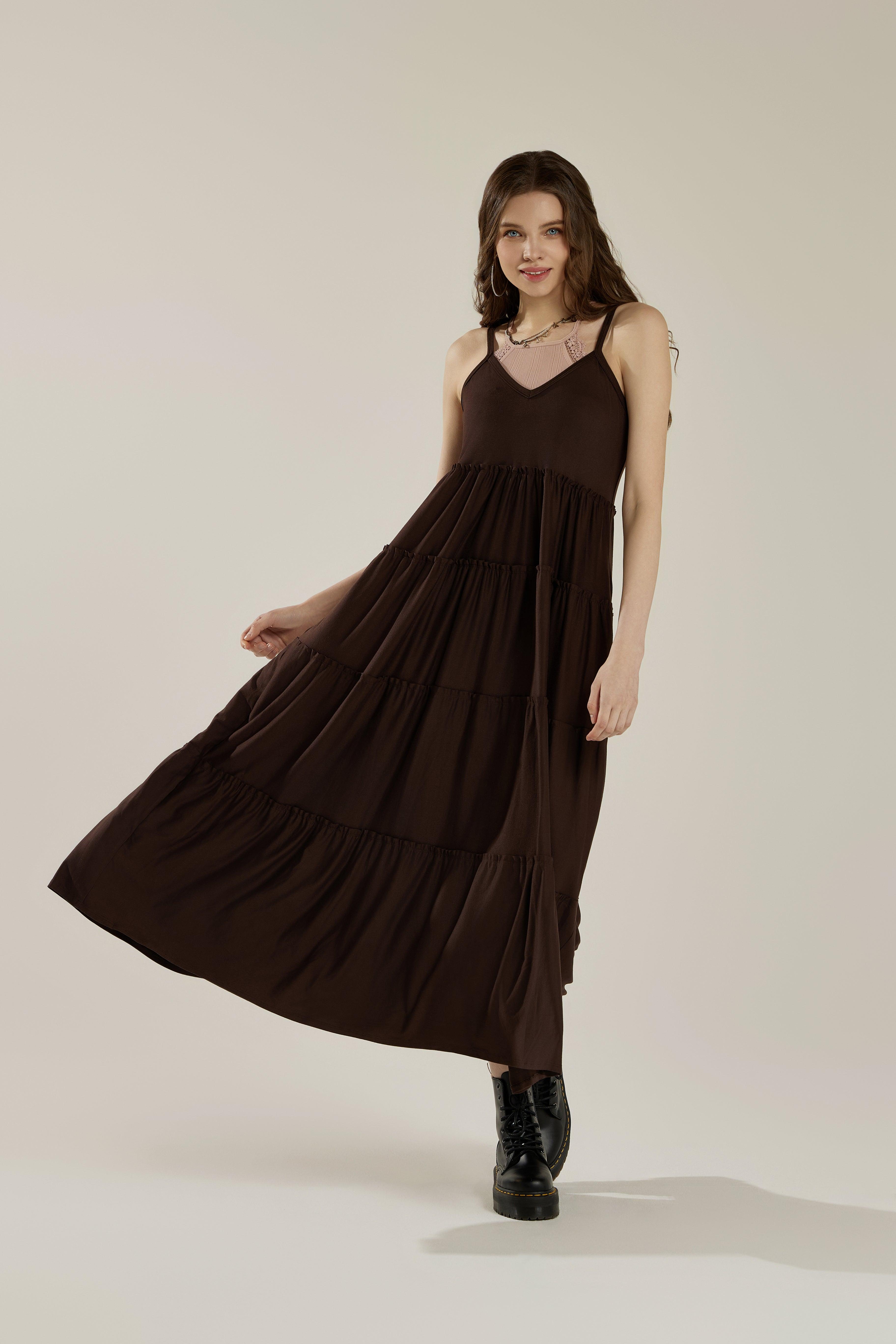 Comfortable and Flowy Knit V-neckline Ruffle Tiers Knit Maxi Dress - Chocolate - noflik