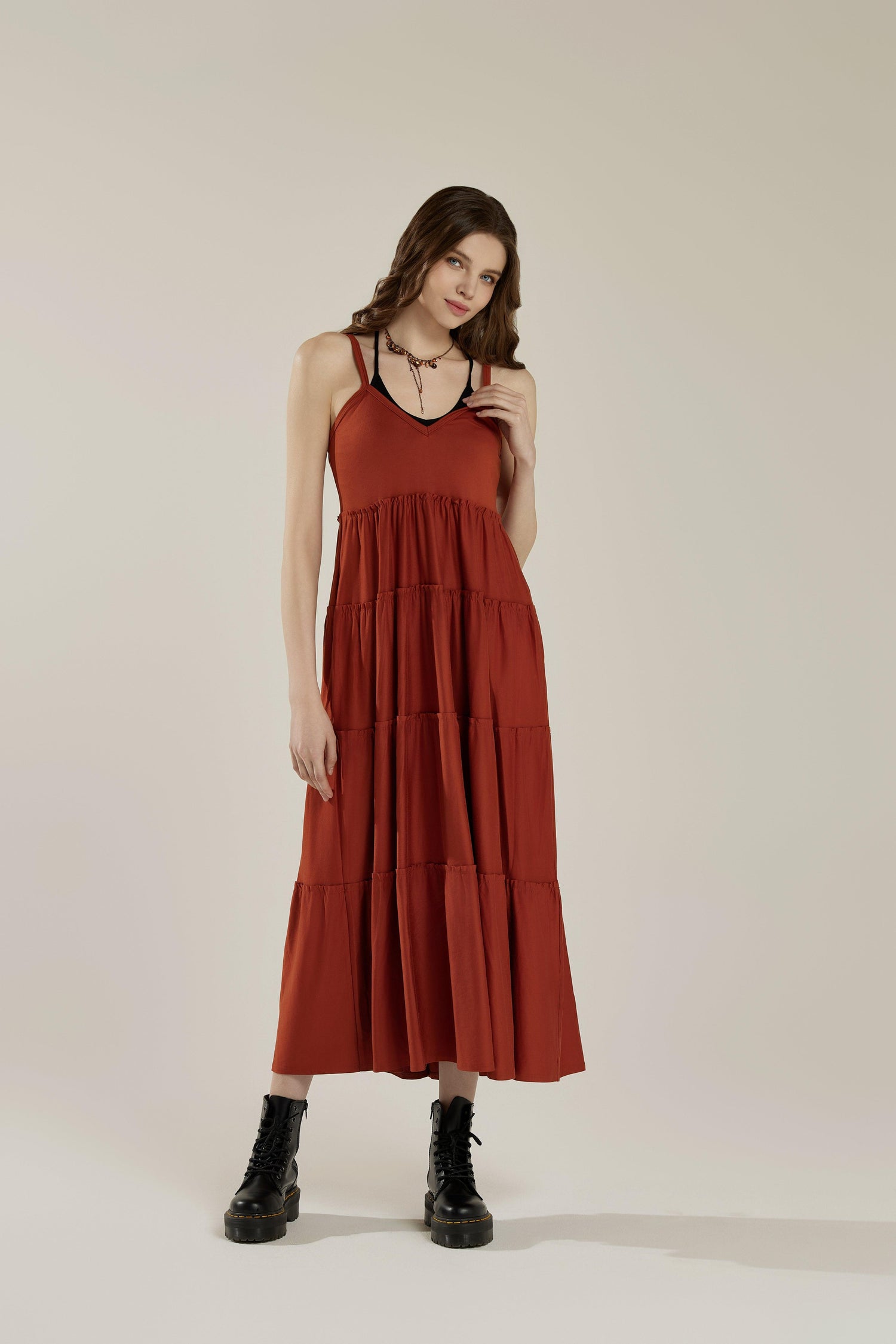 Comfortable and Flowy Knit V-neckline Ruffle Tiers Knit Maxi Dress - Nutshell - noflik