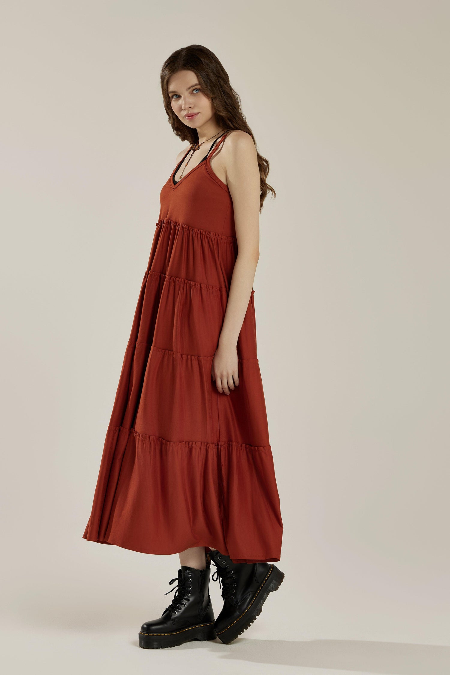 Comfortable and Flowy Knit V-neckline Ruffle Tiers Knit Maxi Dress - Nutshell - noflik