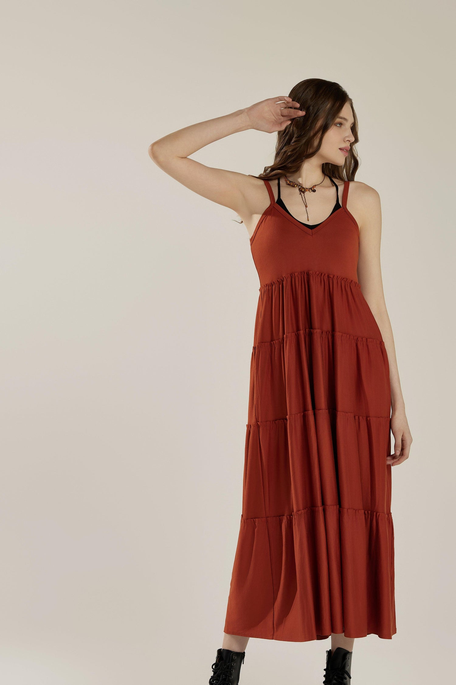 Comfortable and Flowy Knit V-neckline Ruffle Tiers Knit Maxi Dress - Nutshell - noflik