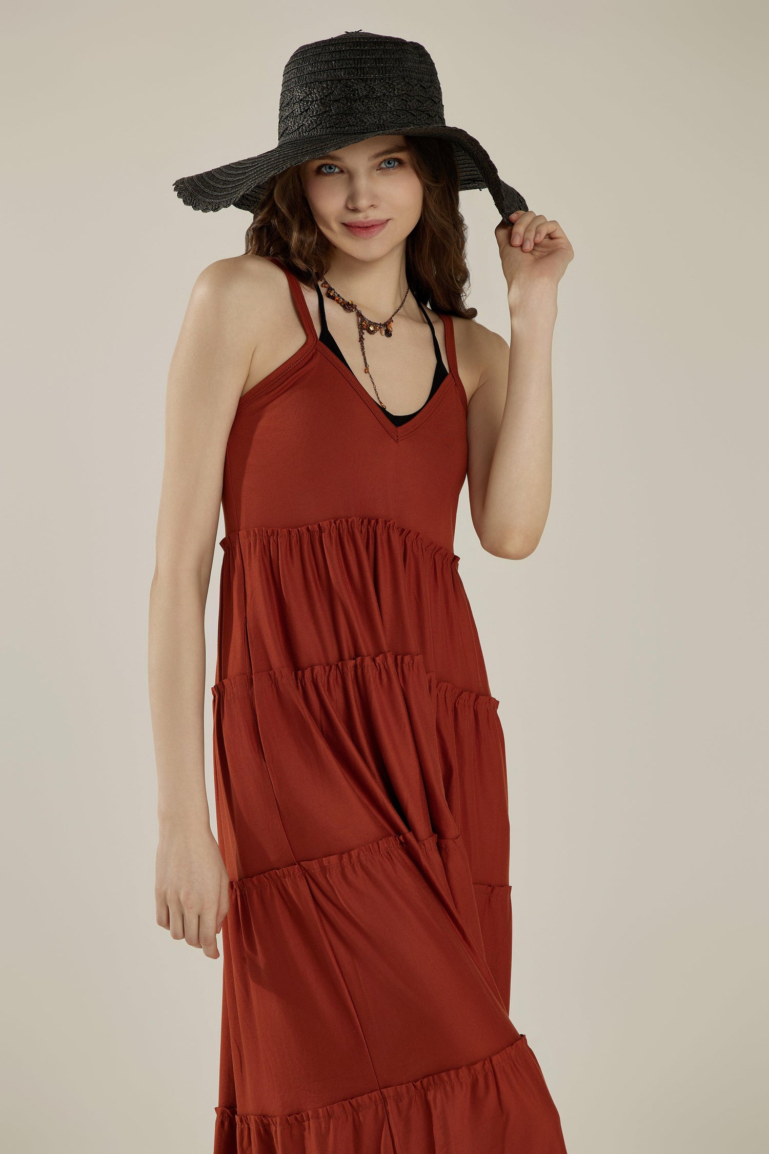 Comfortable and Flowy Knit V-neckline Ruffle Tiers Knit Maxi Dress - Nutshell - noflik