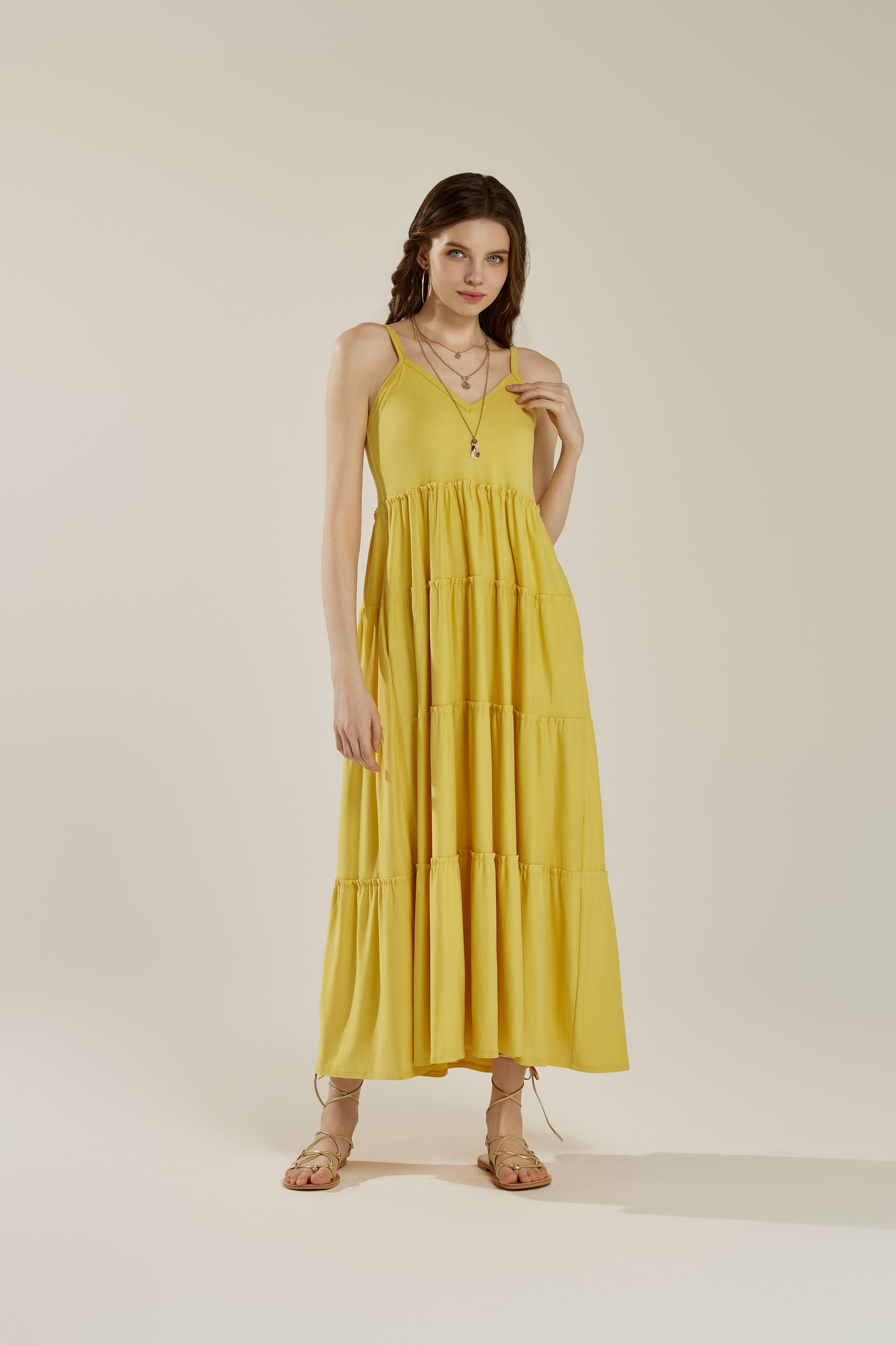 Comfortable and Flowy Knit V-neckline Ruffle Tiers Knit Maxi Dress - Warm Olive - noflik