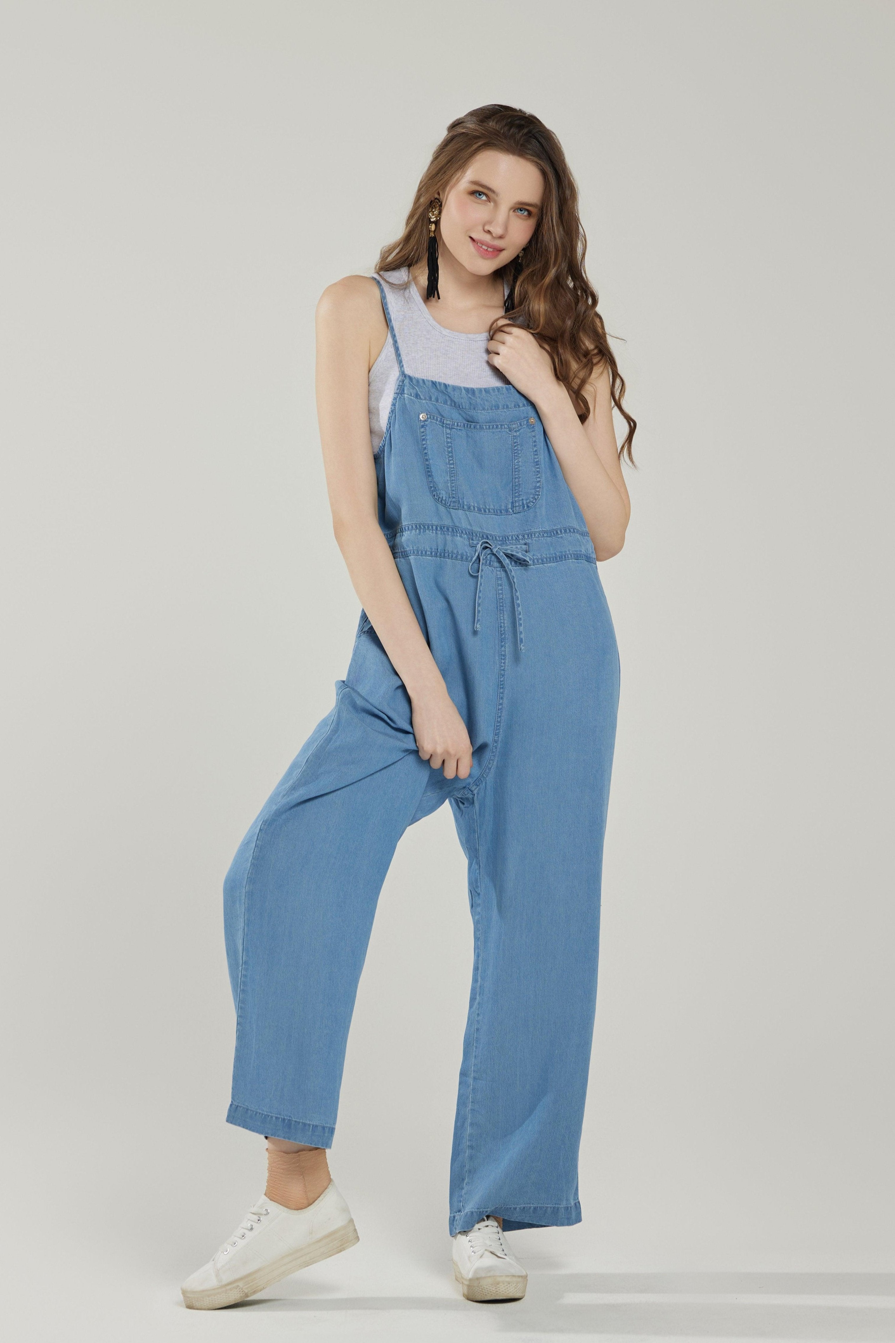 Front Pocket Adjustable Straps Denim Overall Jumpsuit - Denim Blue - noflik