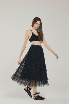 High Waisted A Line Tiered Layered Ruffle Tulle Mesh Tutu Long Maxi Skirt - Black - noflik