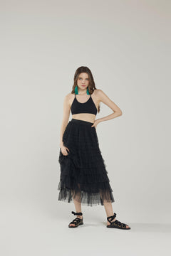 High Waisted A Line Tiered Layered Ruffle Tulle Mesh Tutu Long Maxi Skirt - Black - noflik