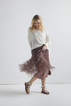 High Waisted A Line Tiered Layered Ruffle Tulle Mesh Tutu Long Maxi Skirt - Coffee - noflik