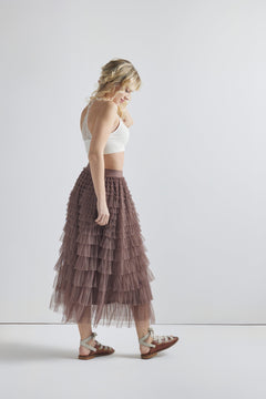 High Waisted A Line Tiered Layered Ruffle Tulle Mesh Tutu Long Maxi Skirt - Coffee - noflik