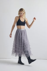 High Waisted A Line Tiered Layered Ruffle Tulle Mesh Tutu Long Maxi Skirt - Grey - noflik