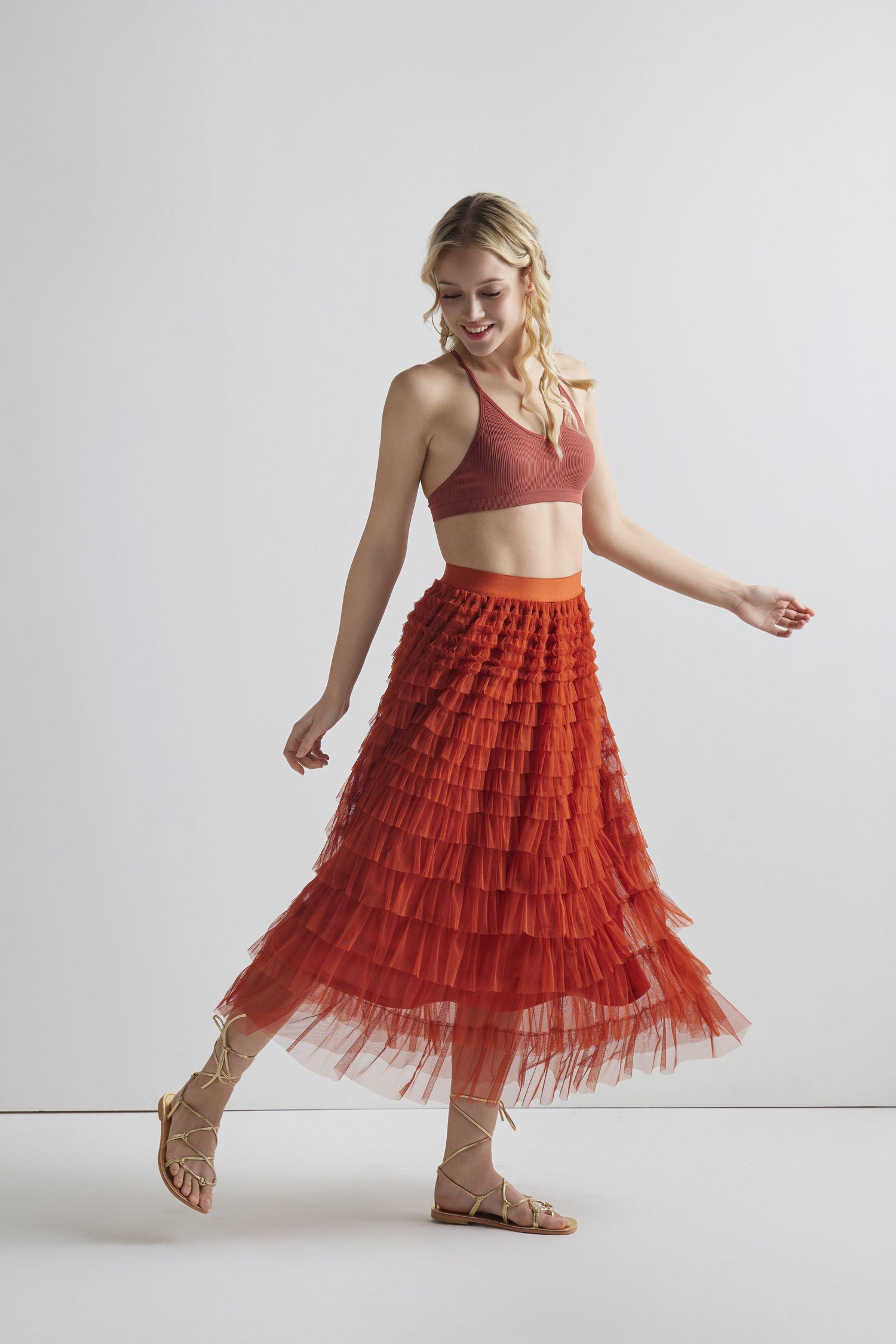 High Waisted A Line Tiered Layered Ruffle Tulle Mesh Tutu Long Maxi Skirt - Rust - noflik