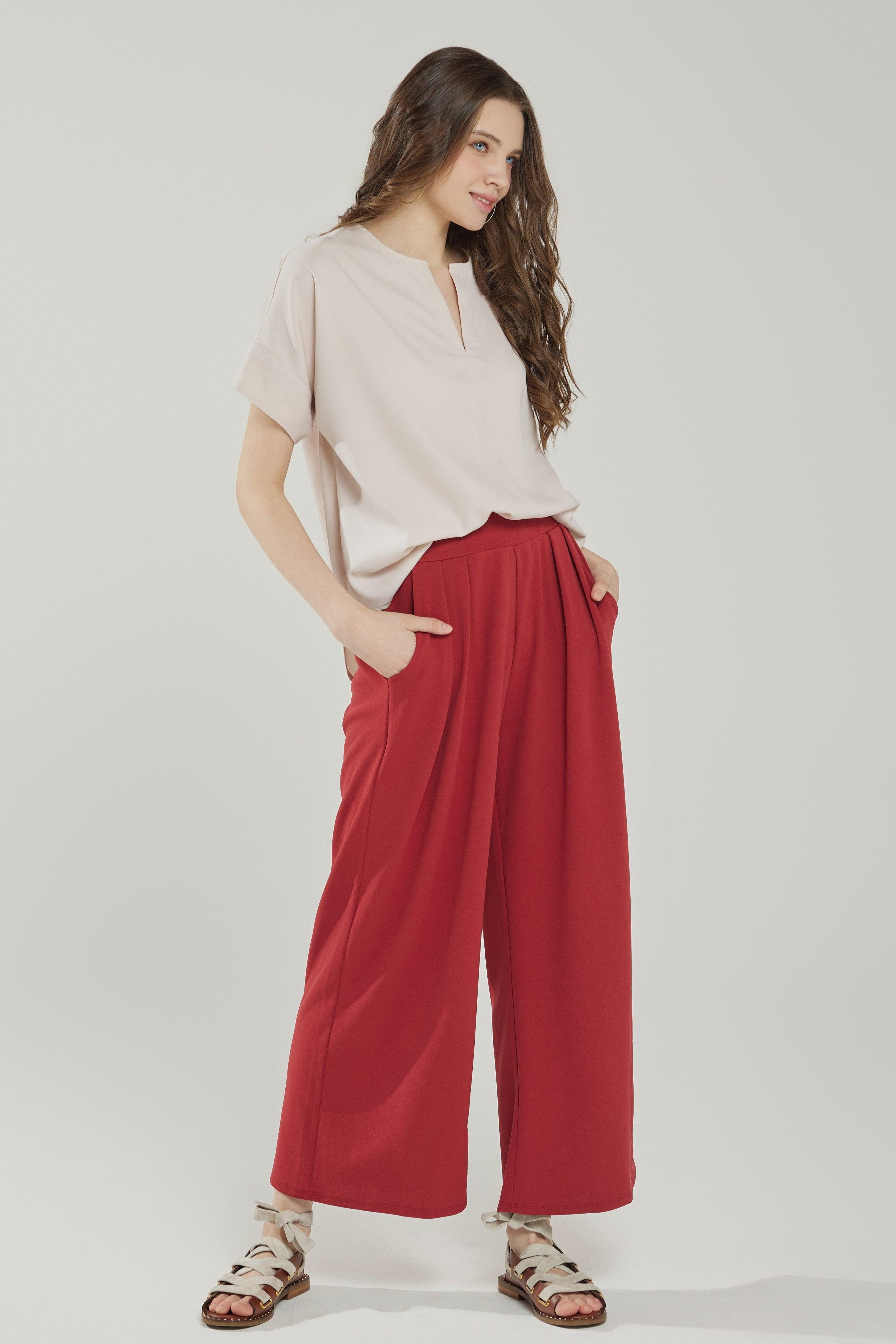 High Waisted Pleated Wide Leg Pants - Dk.Cinnamon - noflik